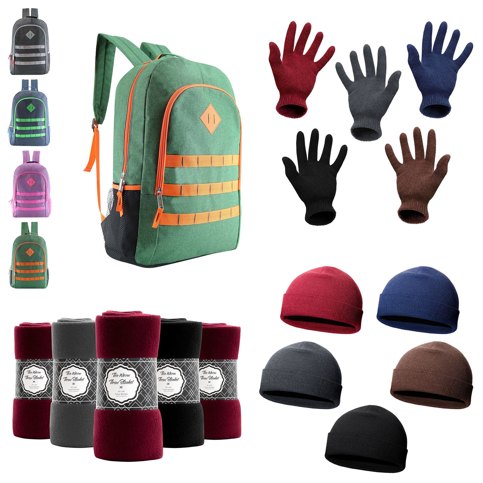 12 Premium 19" Backpacks & Your Choice of 12 Bulk Winter Item Sets - Wholesale Care Package: Homeless, Emergency, Charity