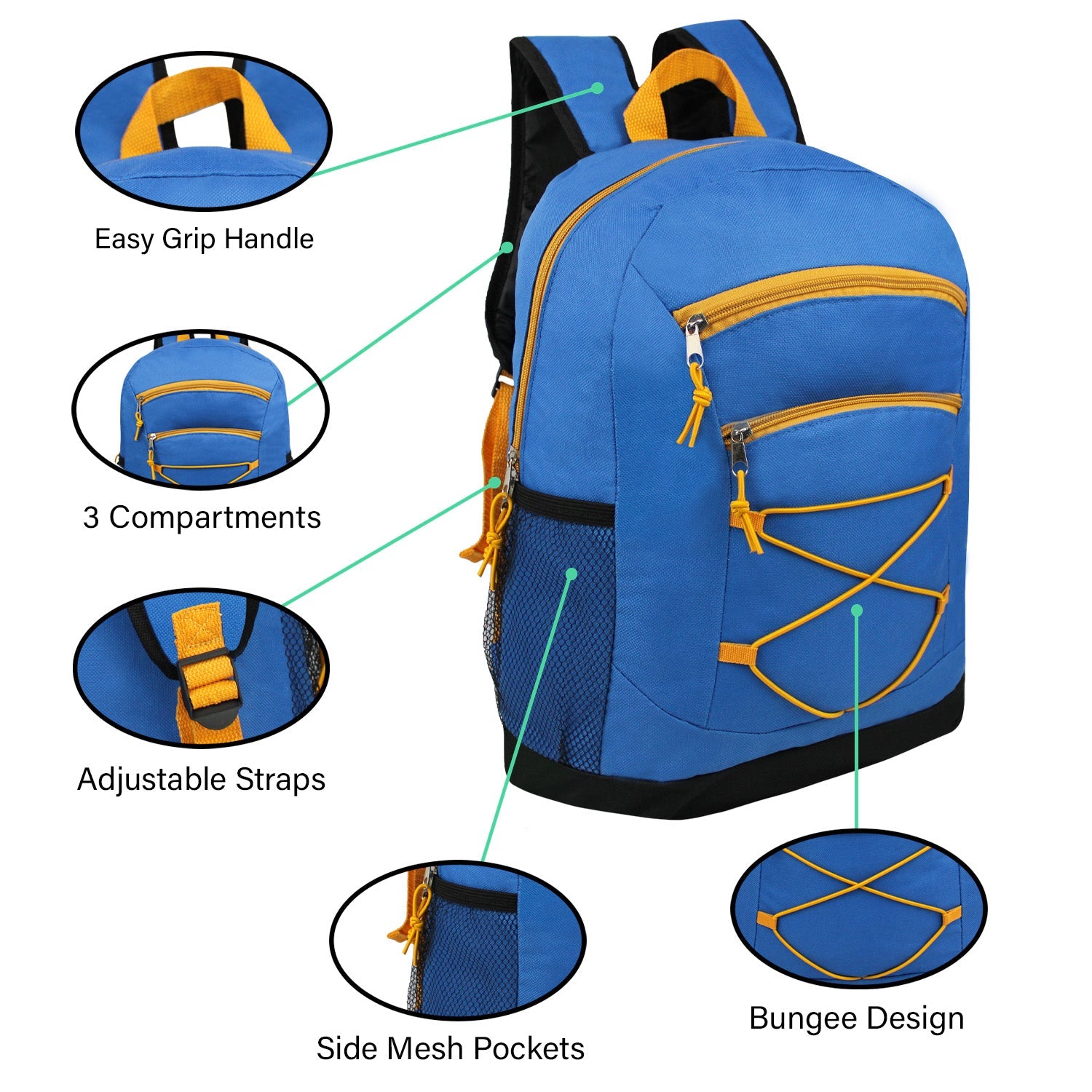 17" Bungee Wholesale Backpacks in 8 Assorted Colors - Bulk Case of 24 Bookbags