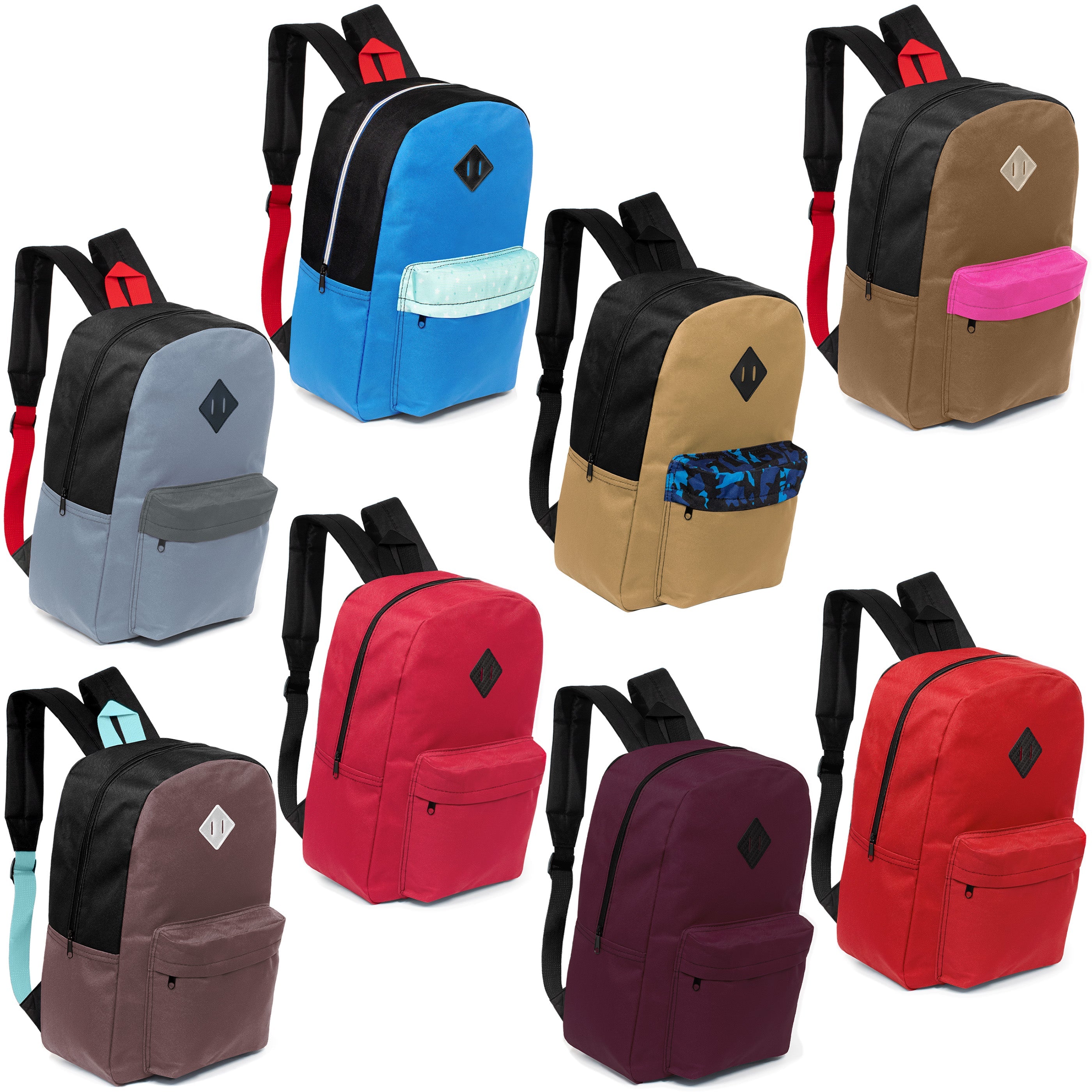 17” Diamond Patch Bulk Backpacks in 8 Colors with a Padded Back – Bulk Case of 24 Bookbags