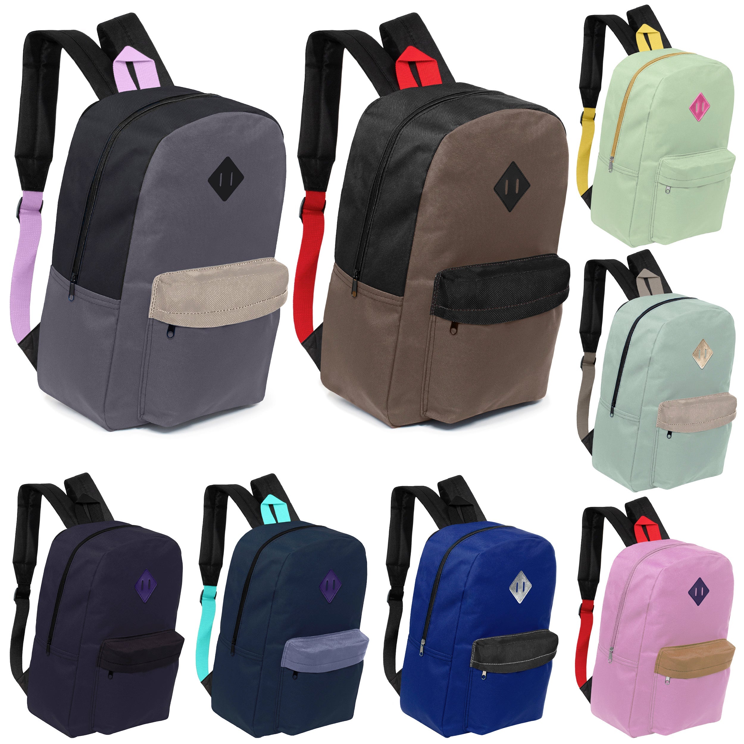 17” Basic Wholesale Backpack in 8 Colors | Padded Back & Diamond Patch – Bulk Case of 24