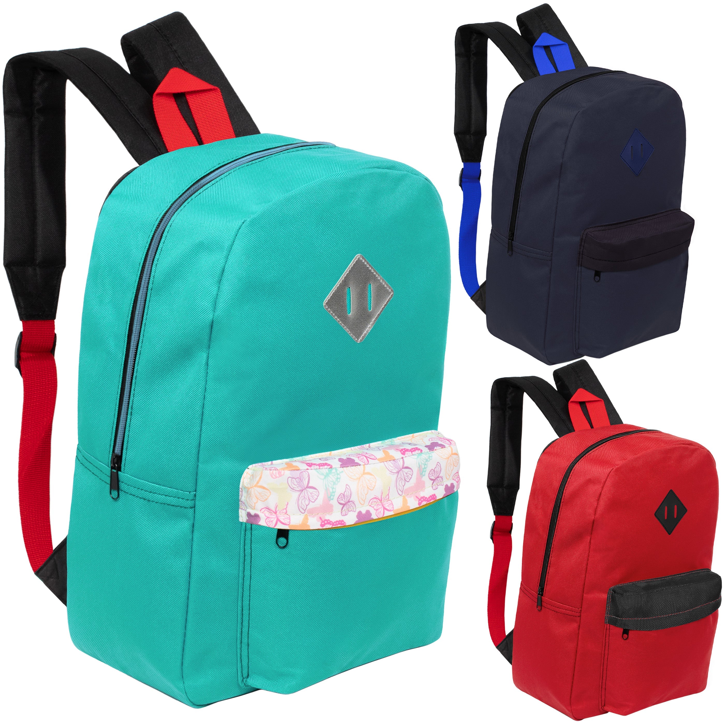 17" Multi Color Basic Wholesale Backpacks | Diamond Patch & Padded Back - Bulk Case of 24