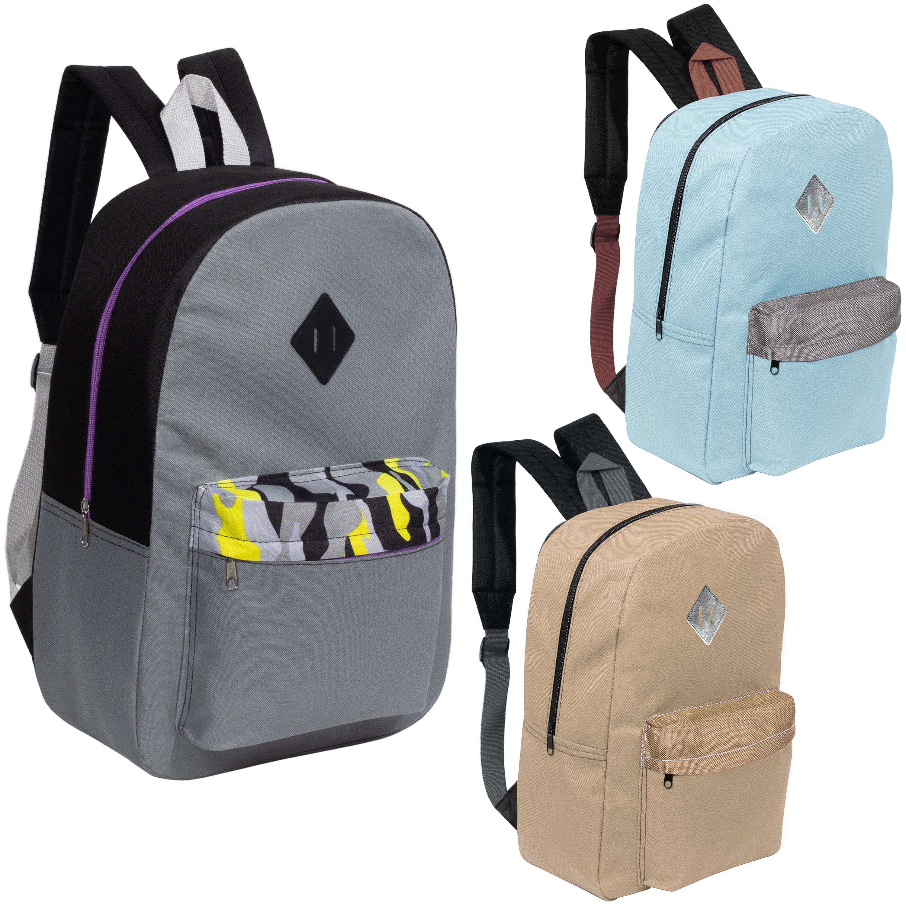 17" Padded Back Wholesale Backpacks with a Diamond Patch in 3 Colors  - Bulk Case of 24