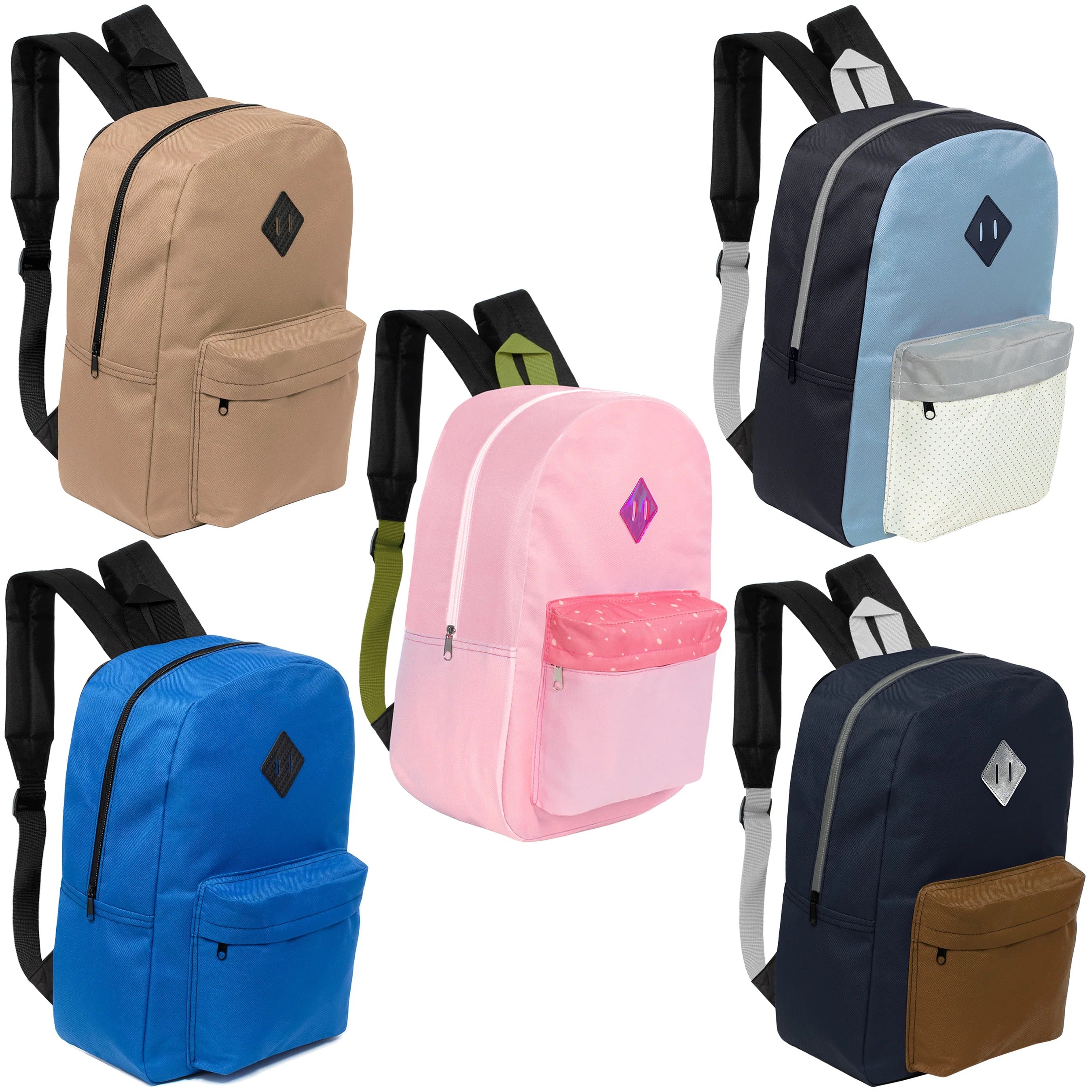 Diamond Patch Padded Back Wholesale 17” Backpack in 5 Assorted Colors – Bulk Case of 24