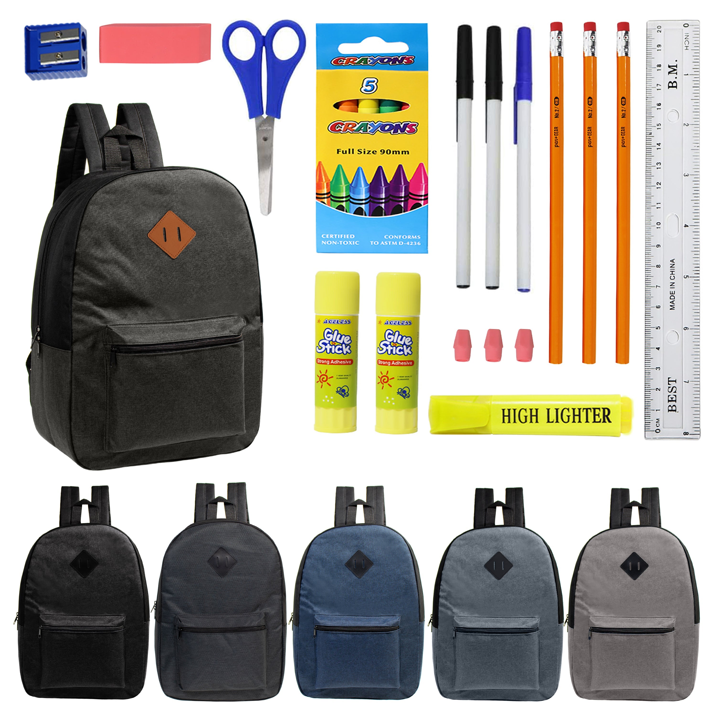 12 Wholesale 17" Backpacks in Assorted Colors with a Diamond Patch & 12 Bulk School Supply Kits of Your Choice