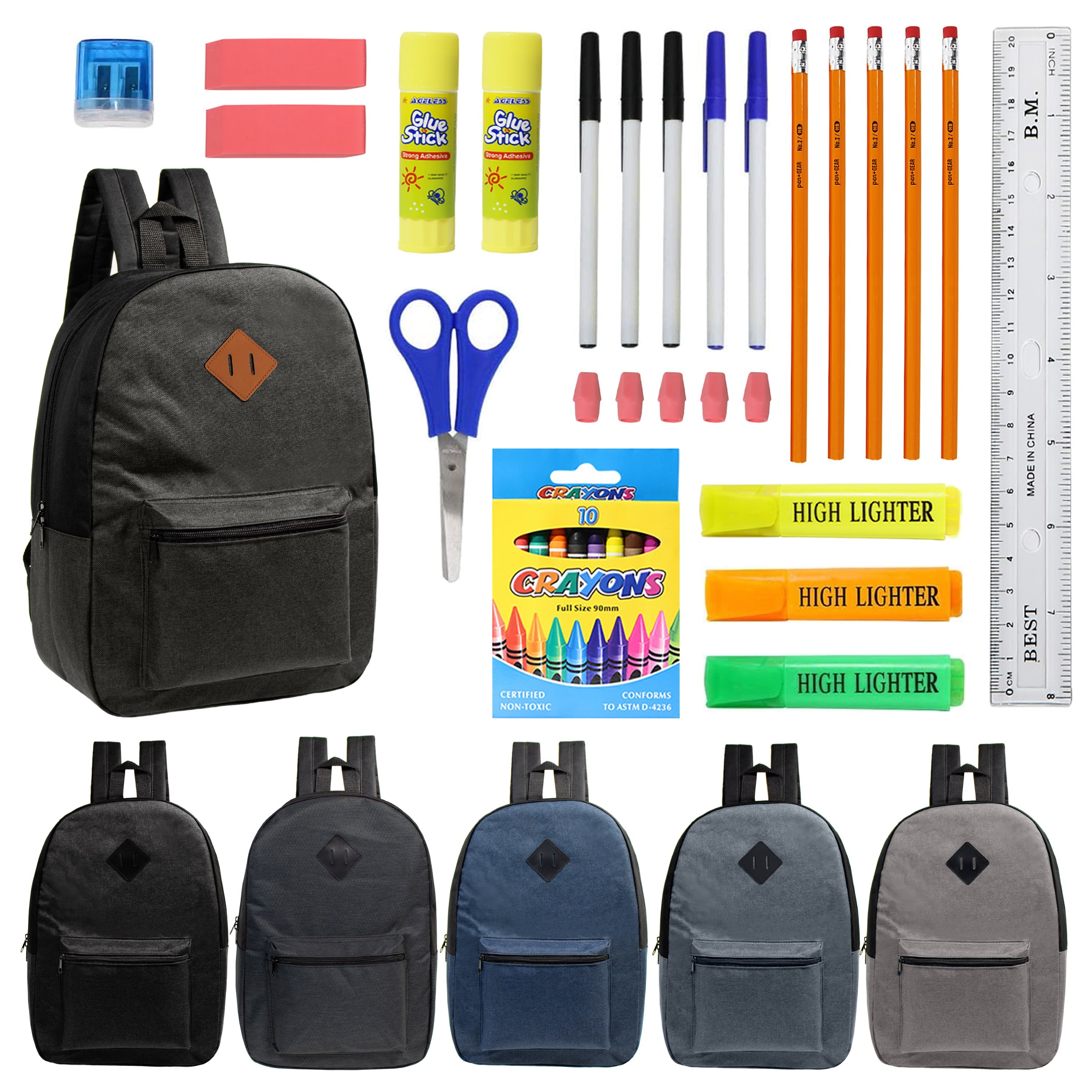 12 Wholesale 17" Backpacks in Assorted Colors with a Diamond Patch & 12 Bulk School Supply Kits of Your Choice