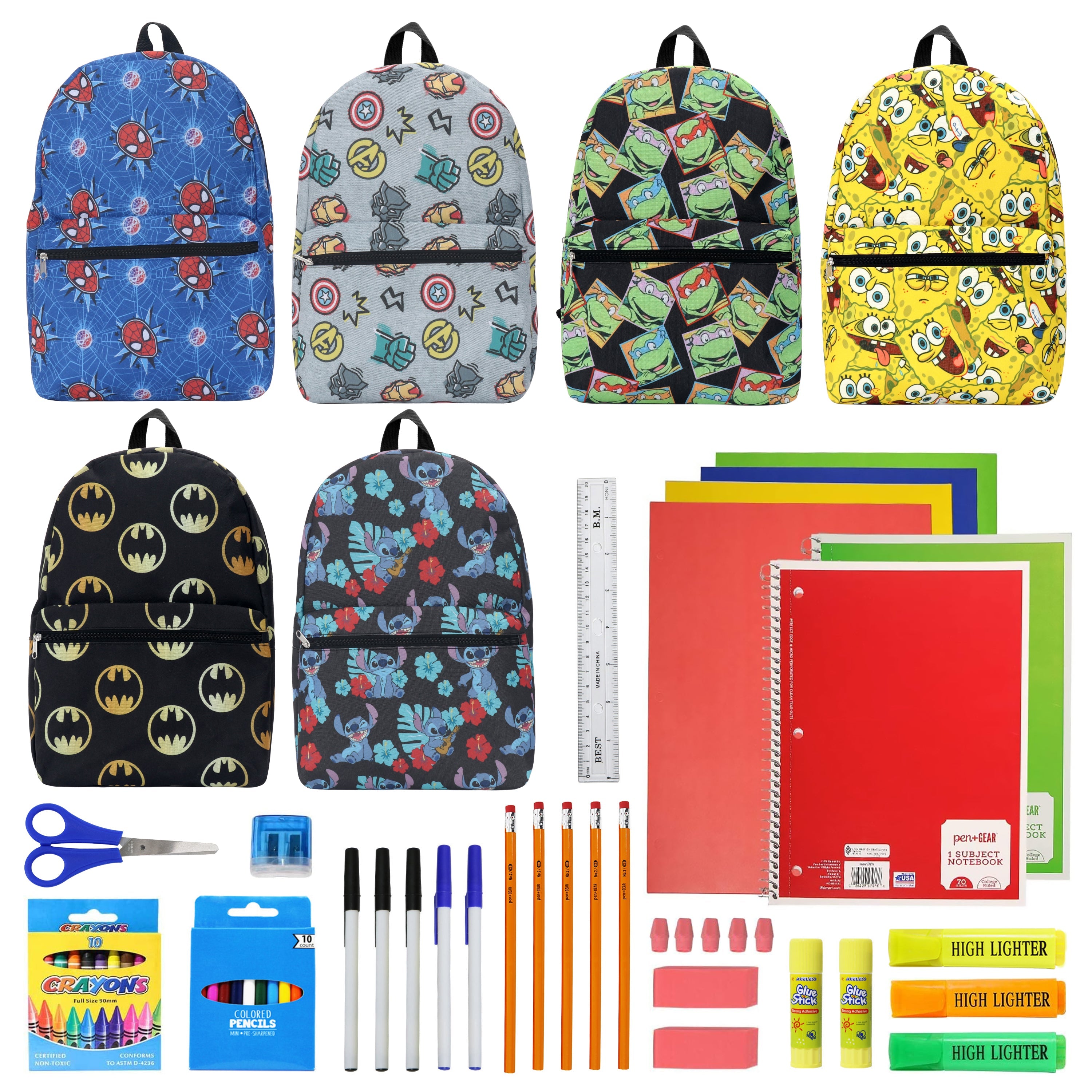 12 Wholesale 17" Licensed Character Backpacks & 12 Bulk School Supply Kits of Your Choice