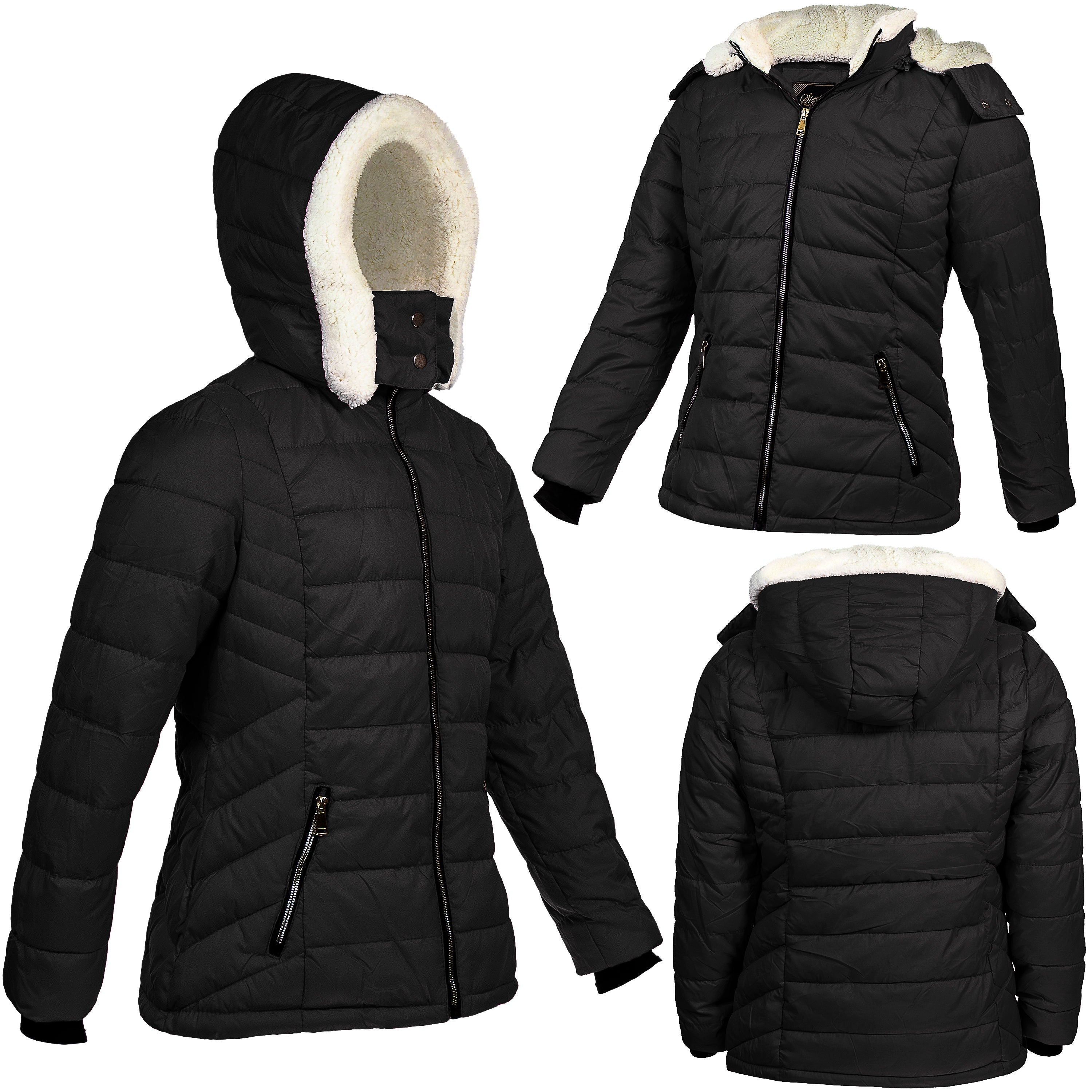 Women's Warm Wholesale Puffer Coats in Black in Assorted Sizes - Bulk Case of 12 Winter Jackets