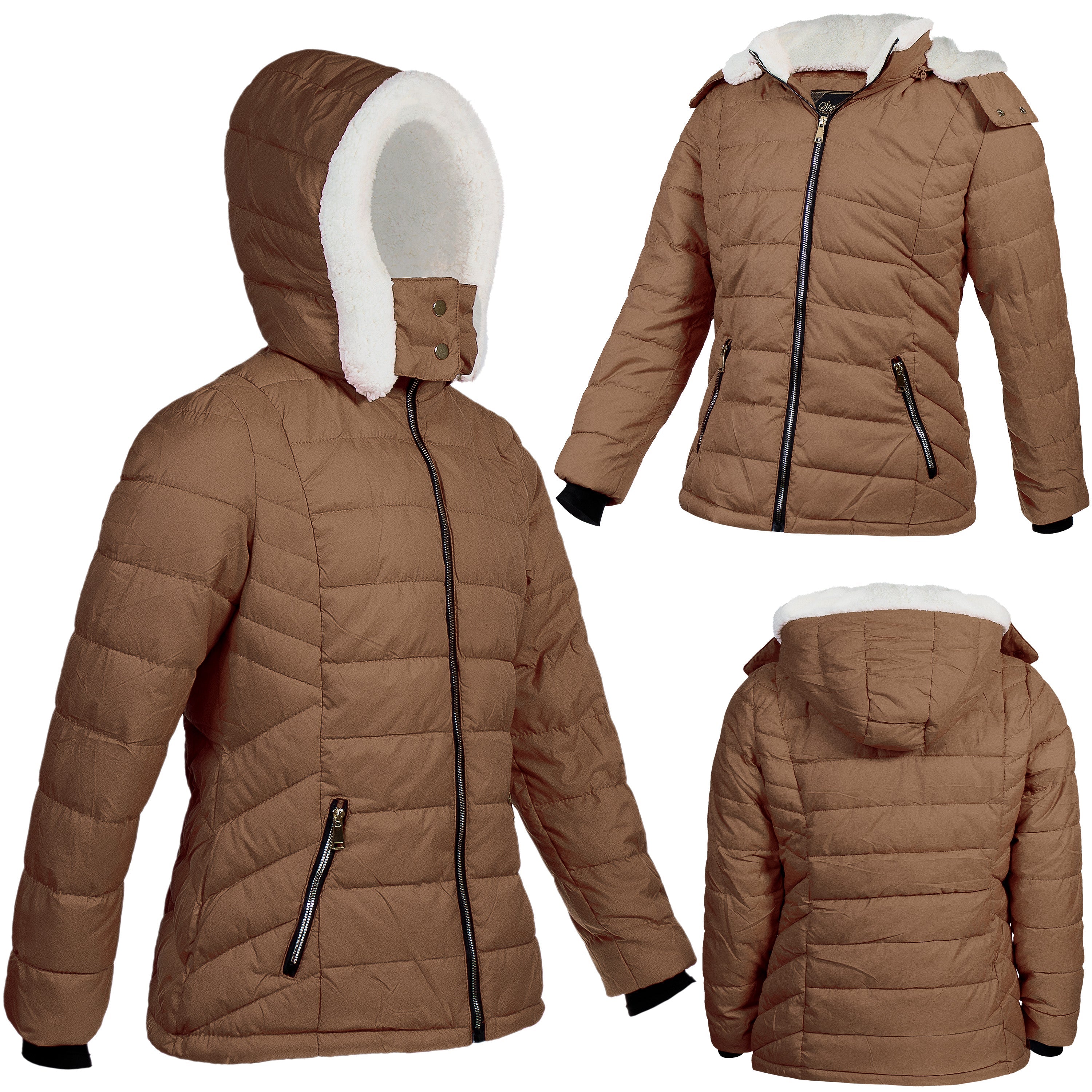 Women's Warm Wholesale Puffer Coats in Brown in Assorted Sizes - Bulk Case of 12 Winter Jackets