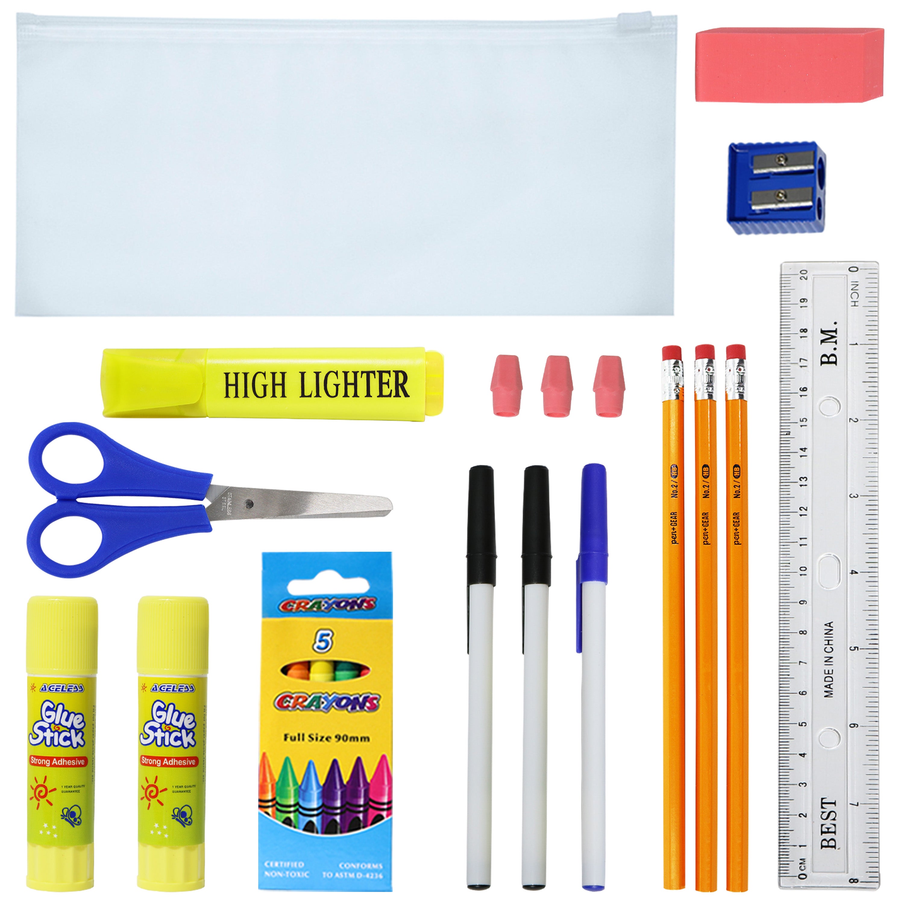 15" Bulk Backpacks with 22 Piece School Supply Kits - Case of 24 Wholesale Backpacks in 6 Assorted Colors