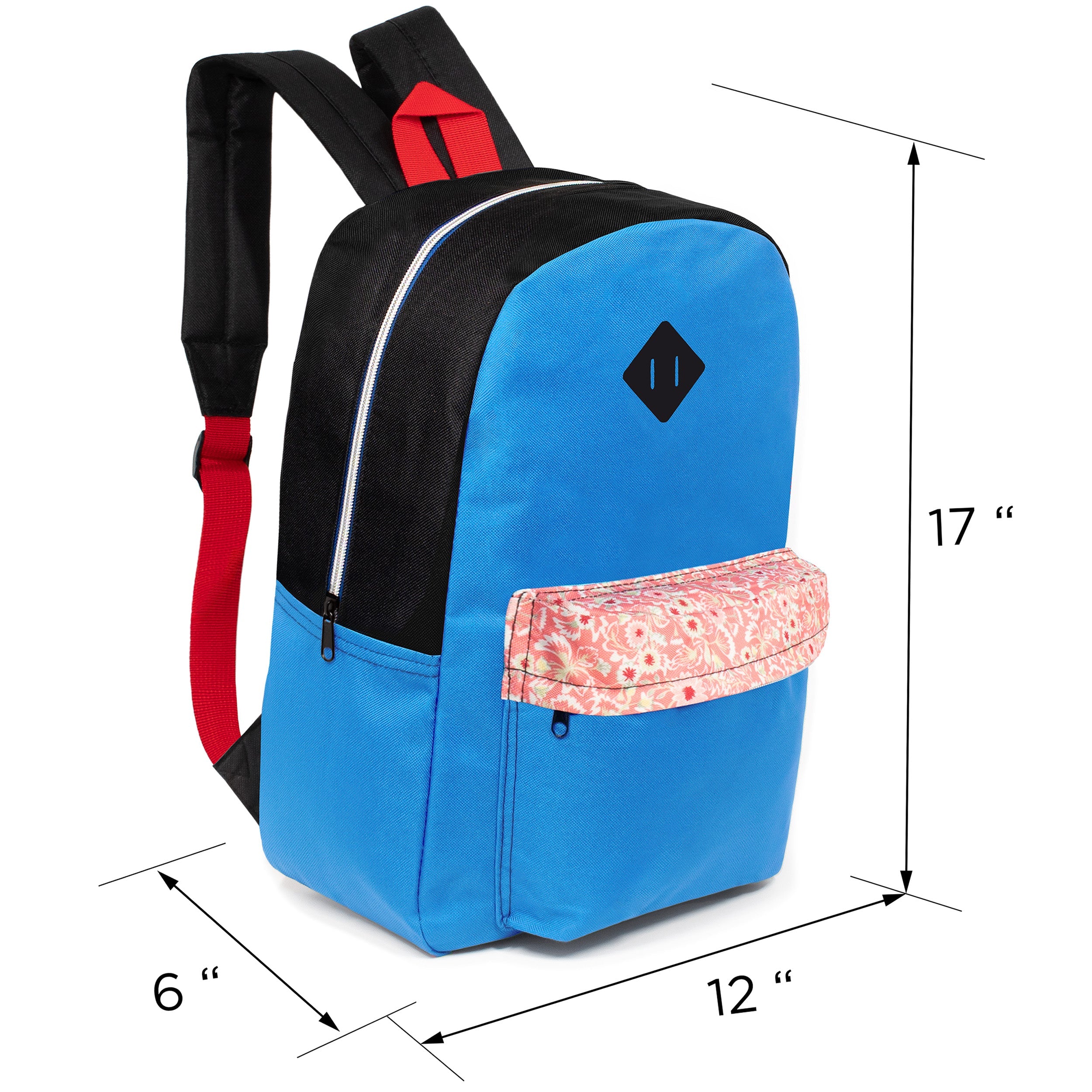 17" Kids Wholesale Backpacks in 8 Colors with a Padded Back and a Diamond Patch - Bulk Pack of 24