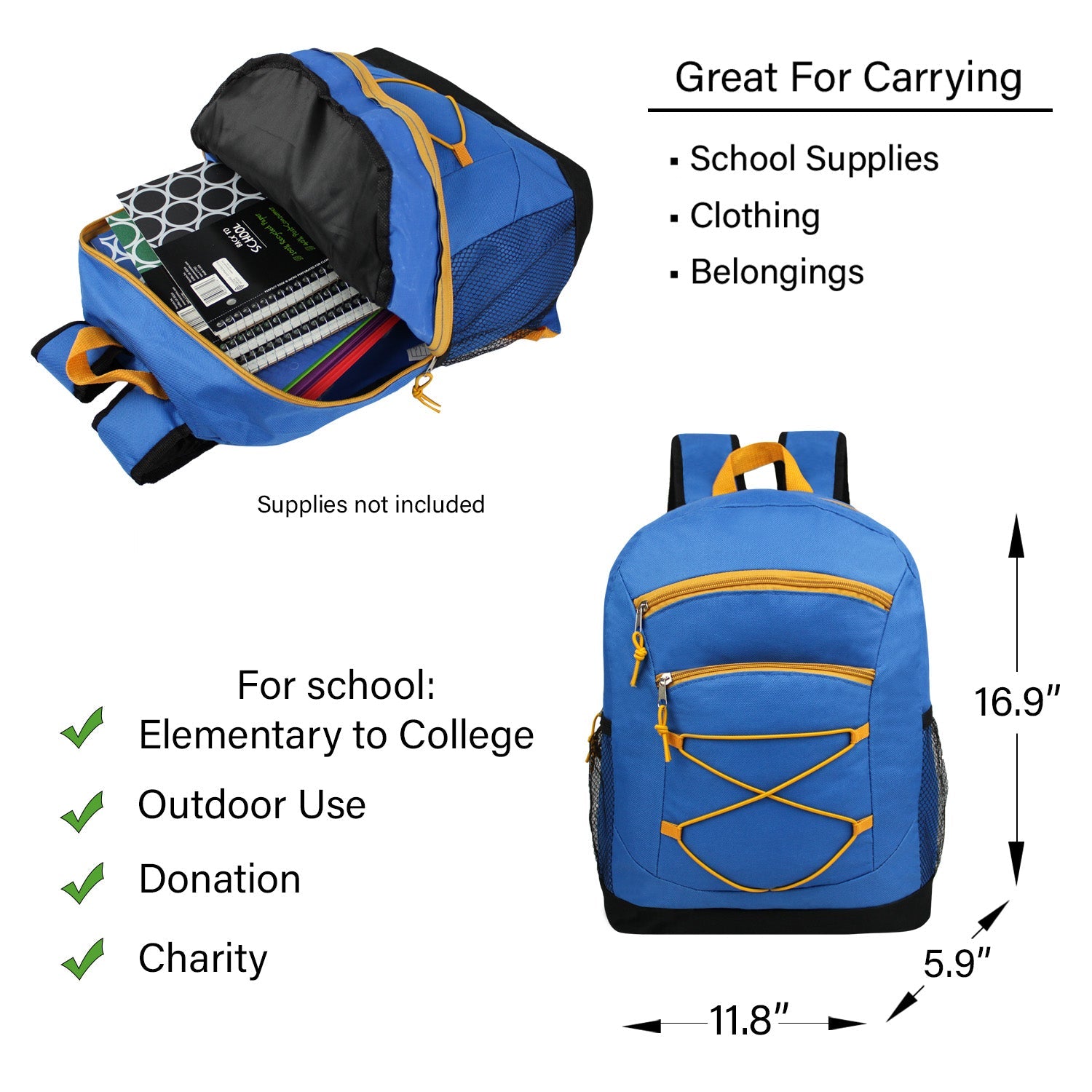 12 Bungee 17" Backpacks in 8 Colors, 12 Winter Item Sets & Your Choice of 12 Bulk Hygiene Kits - Wholesale Homeless Care Package