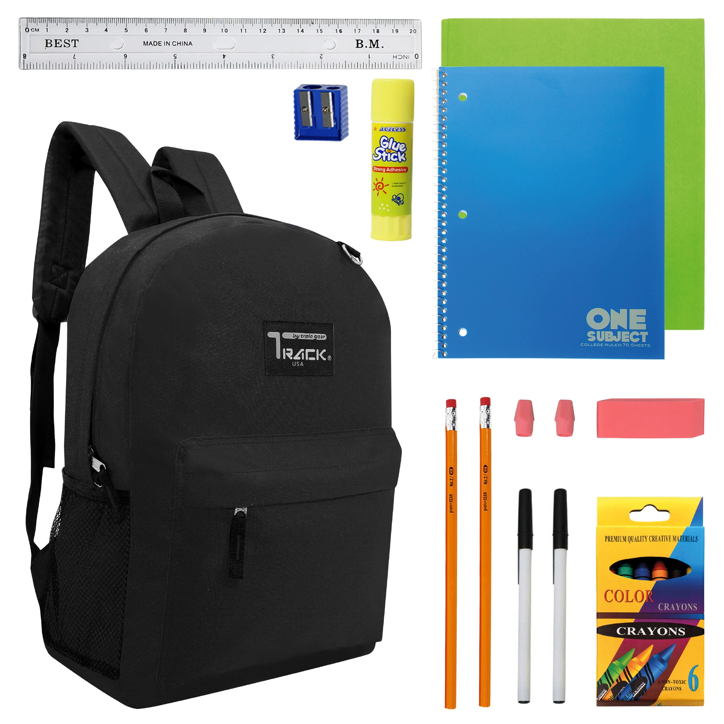 12 Black Wholesale Track Brand 17" Backpacks and 12 School Supply Kits of Your Choice