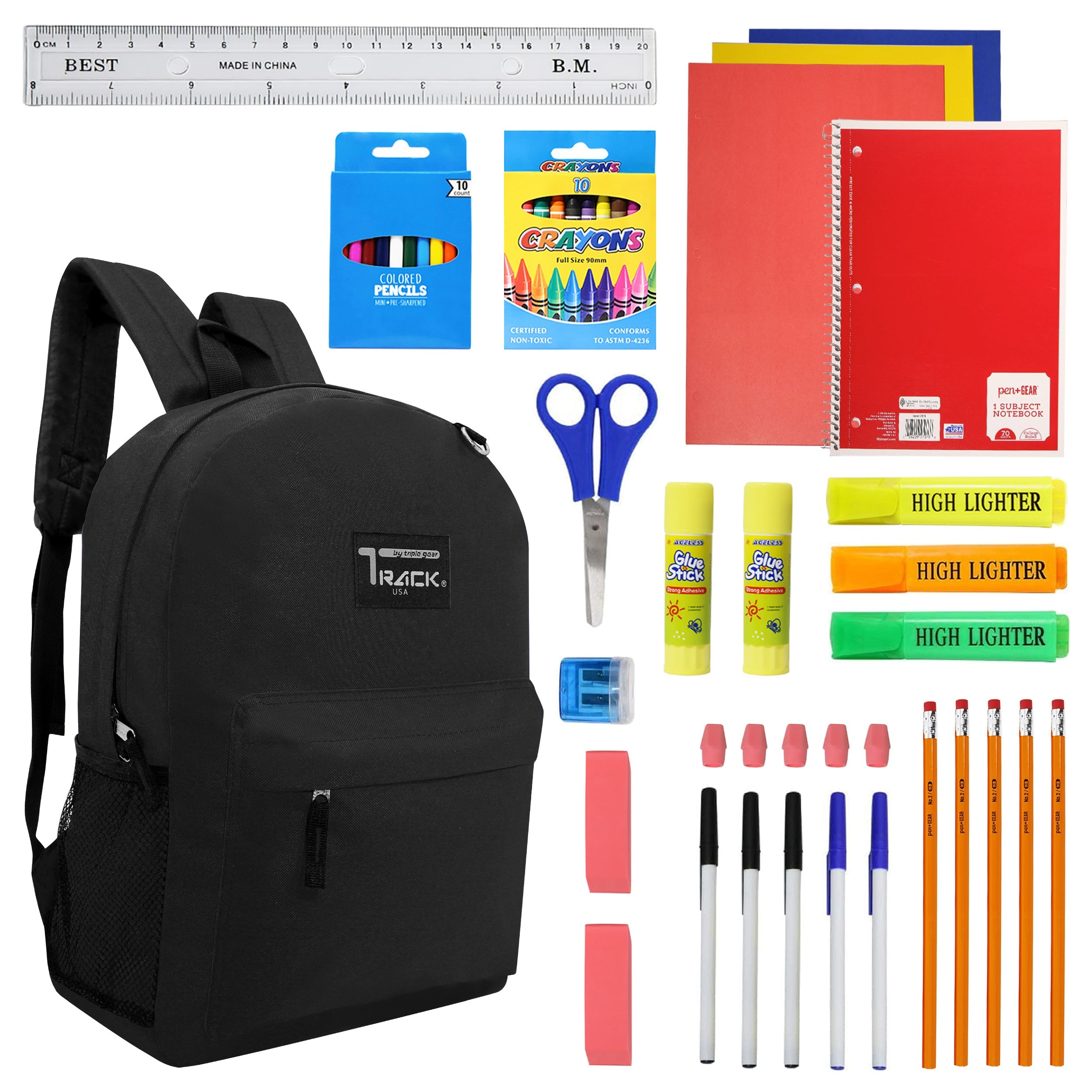 12 Black Wholesale Track Brand 17" Backpacks and 12 School Supply Kits of Your Choice