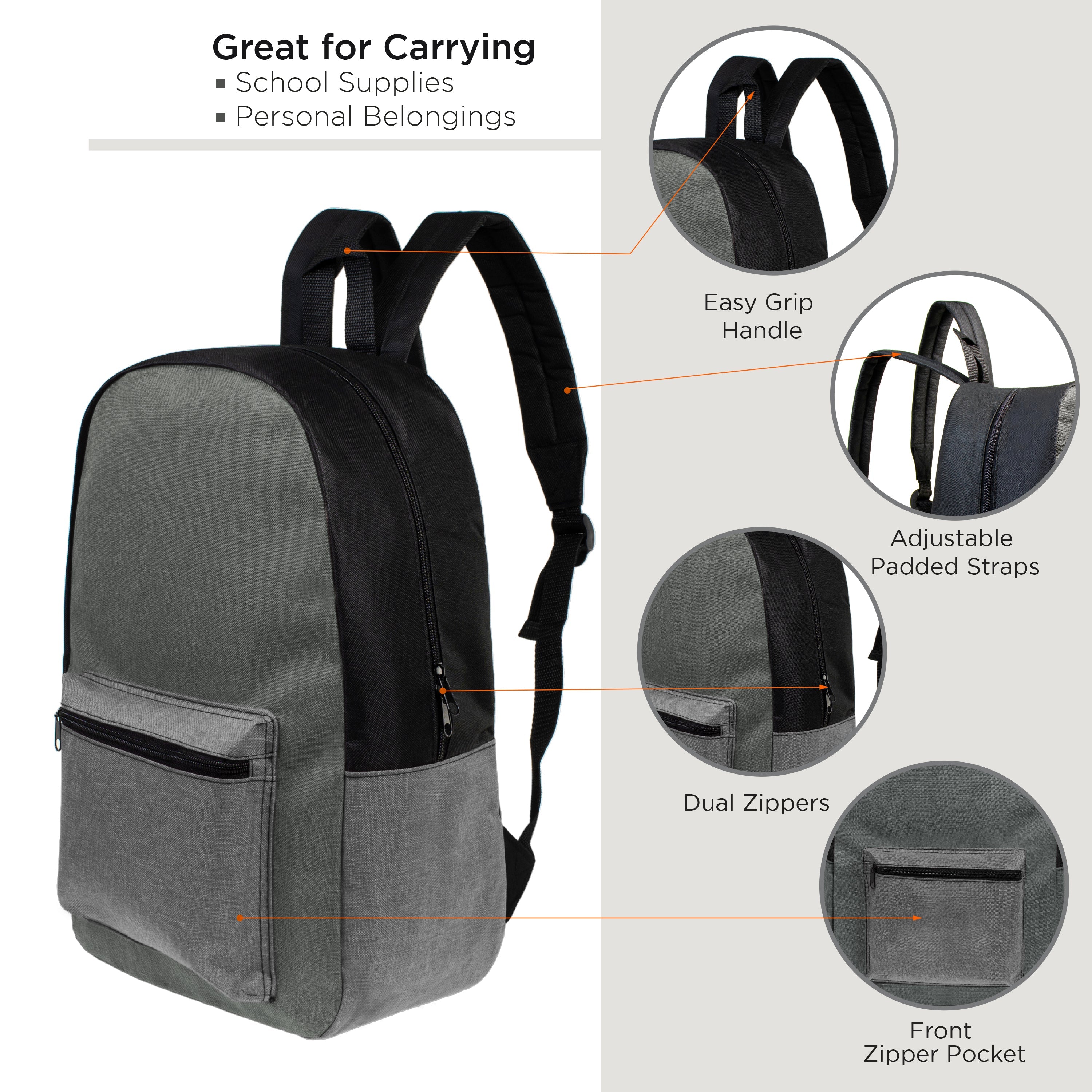 12 Wholesale 17" Backpacks in Gray Colors & 12 Bulk School Supply Kits