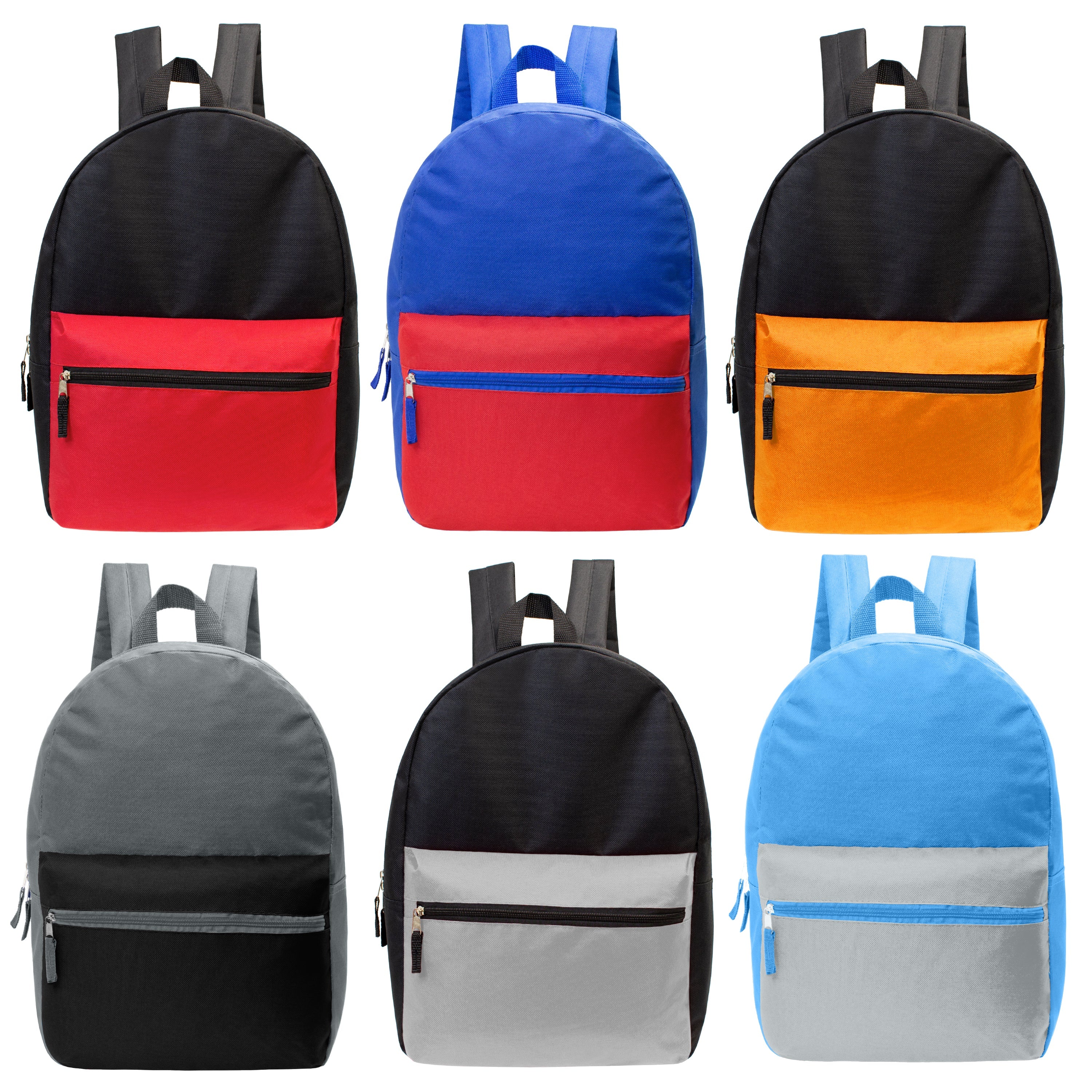 12 17" Classic Backpacks in 6 Two Tone Colors & Your Choice of 12 Bulk Hygiene Kits - Wholesale Care Package: Homeless, Emergency, Charity