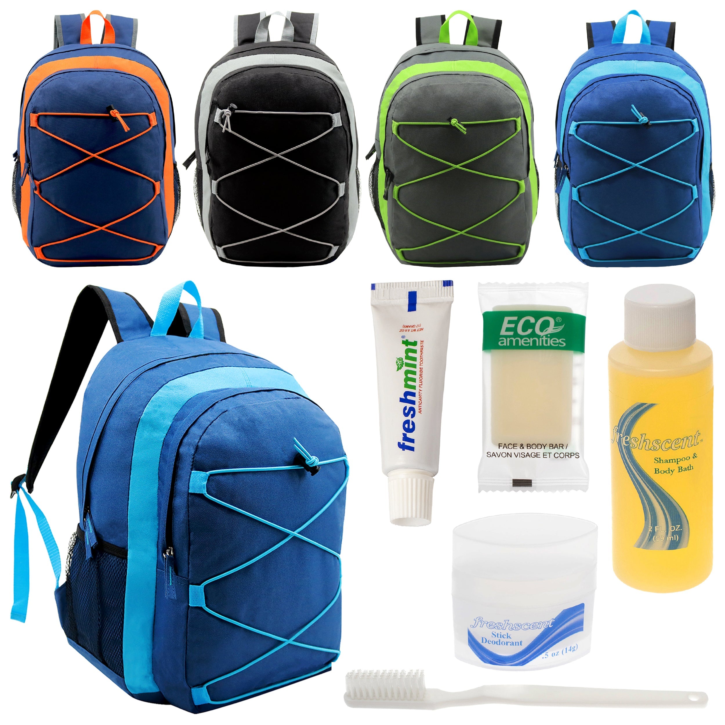 12 Multi-Color 17" Premium Bungee Backpacks in 4 Colors & Your Choice of 12 Bulk Hygiene Kits - Wholesale Care Package: Homeless, Emergency, Charity