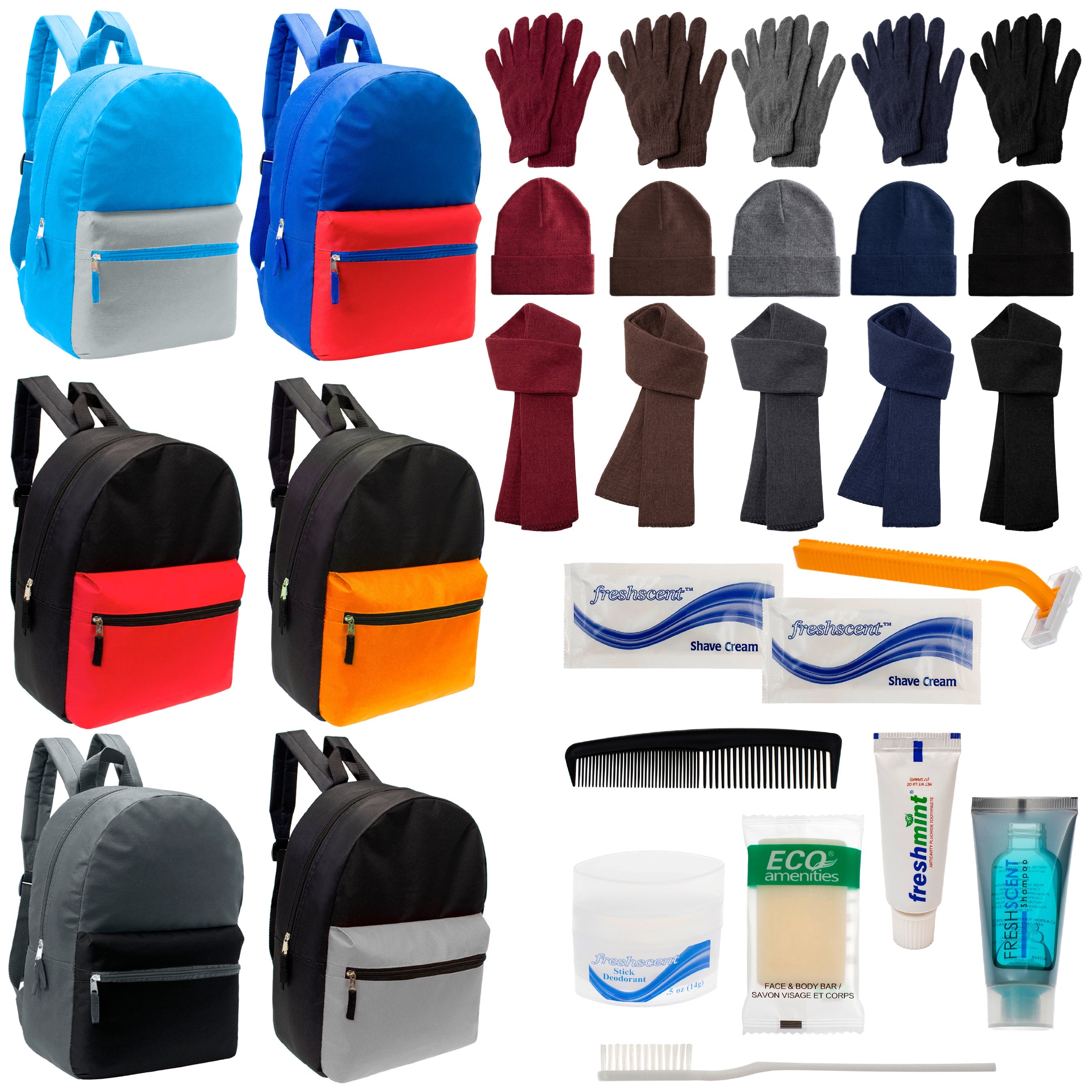 12 Multi Color Basic 17" Backpacks, 12 Winter Item Sets & Your Choice of 12 Bulk Hygiene Kits - Wholesale Homeless Care Package