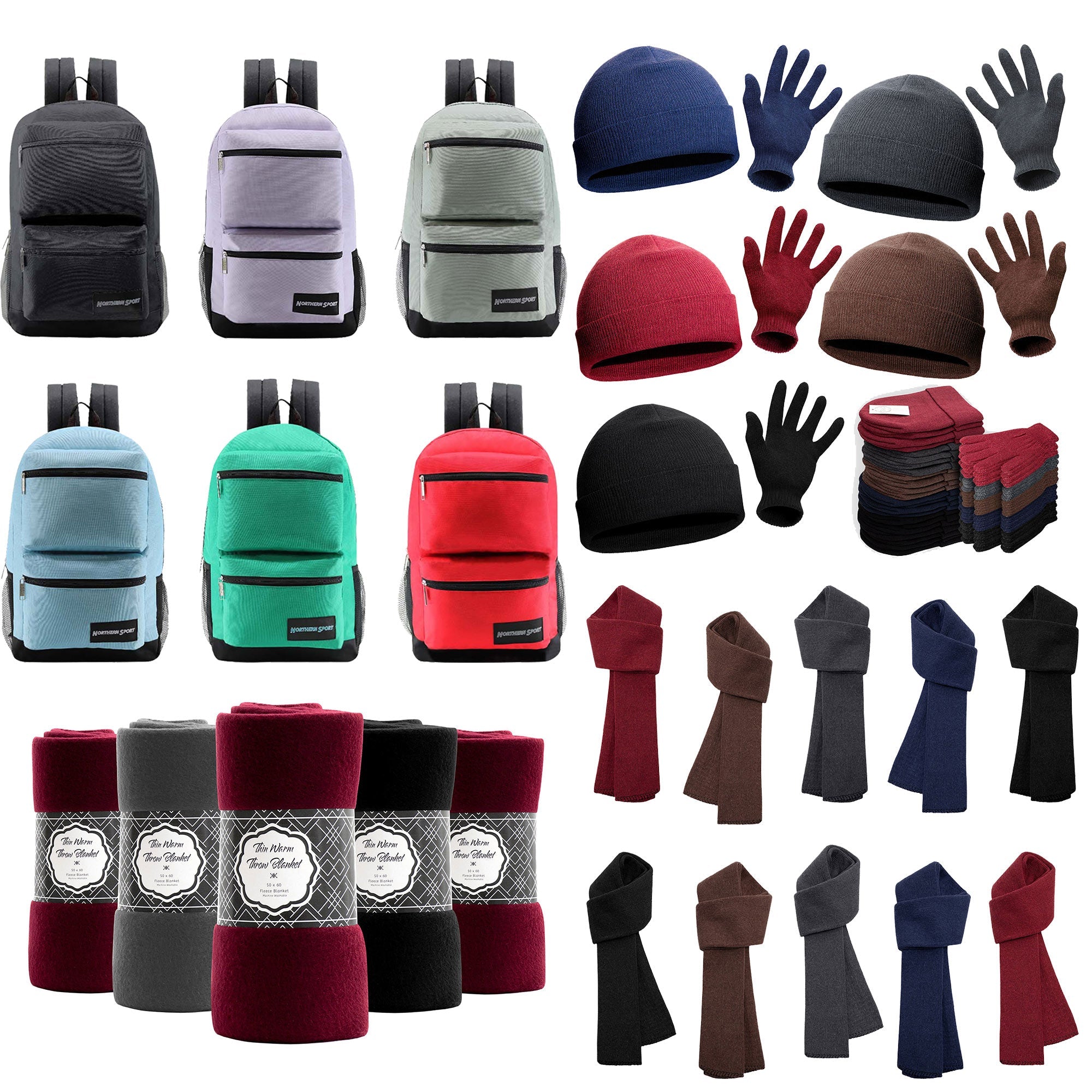 12 19" Premium 3 Zip Backpacks & Your Choice of 12 Bulk Winter Item Sets - Wholesale Care Package: Homeless, Emergency, Charity