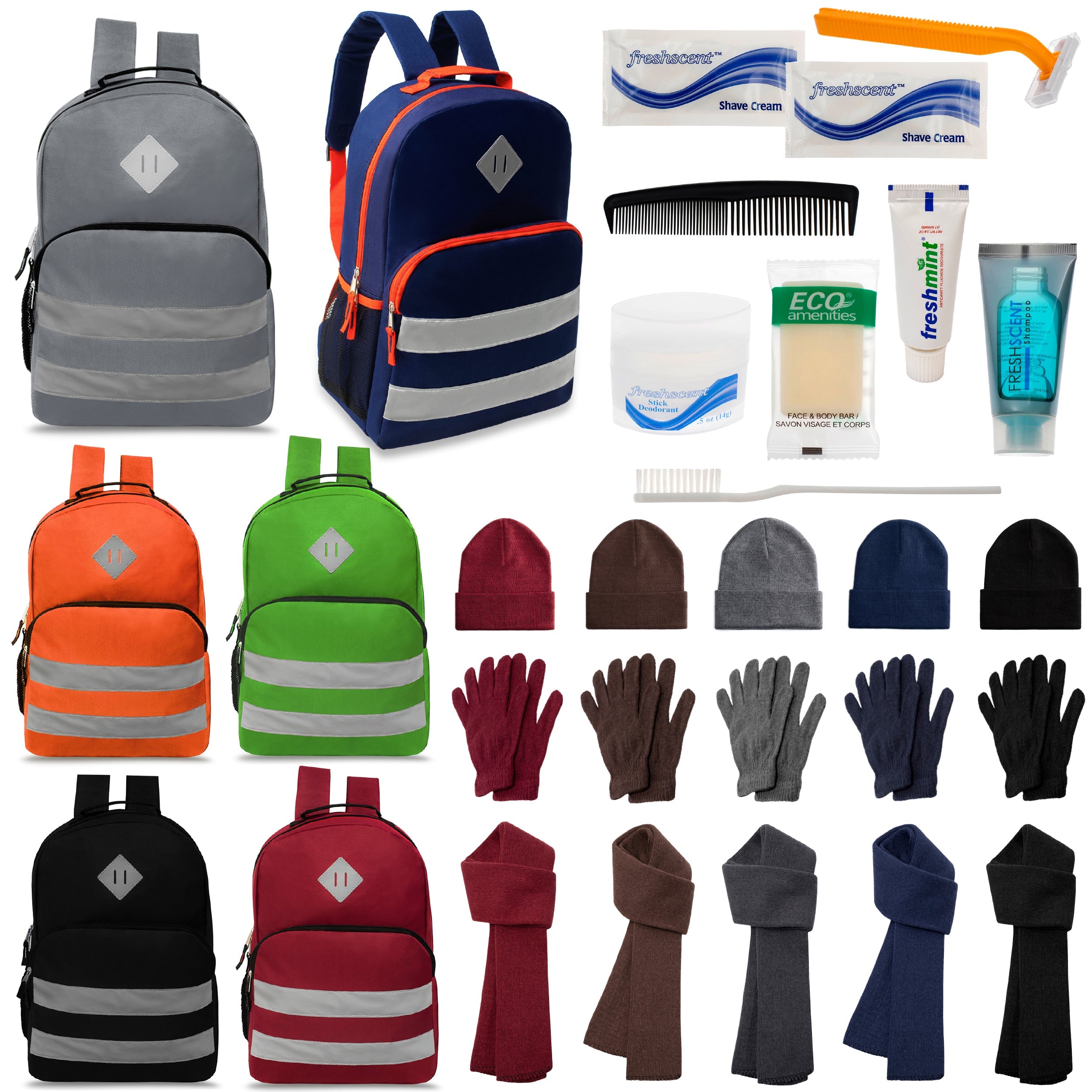 12 Reflective Striped 17" Backpacks in 6 Colors, 12 Winter Item Sets & Your Choice of 12 Bulk Hygiene Kits - Wholesale Homeless Care Package