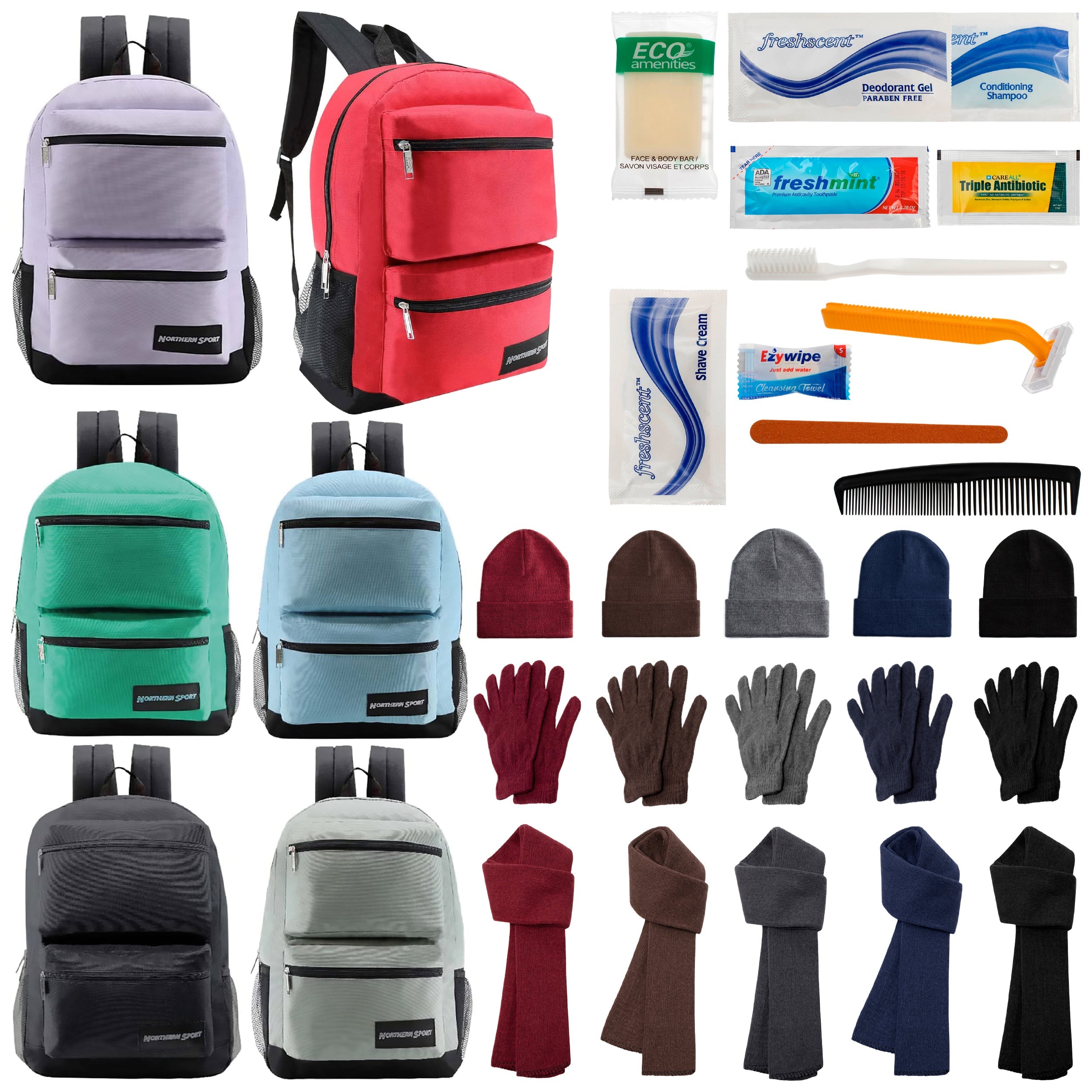 12 Deluxe 17" Backpacks with 3 Compartments, 12 Winter Item Sets & Your Choice of 12 Bulk Hygiene Kits - Wholesale Homeless Care Package