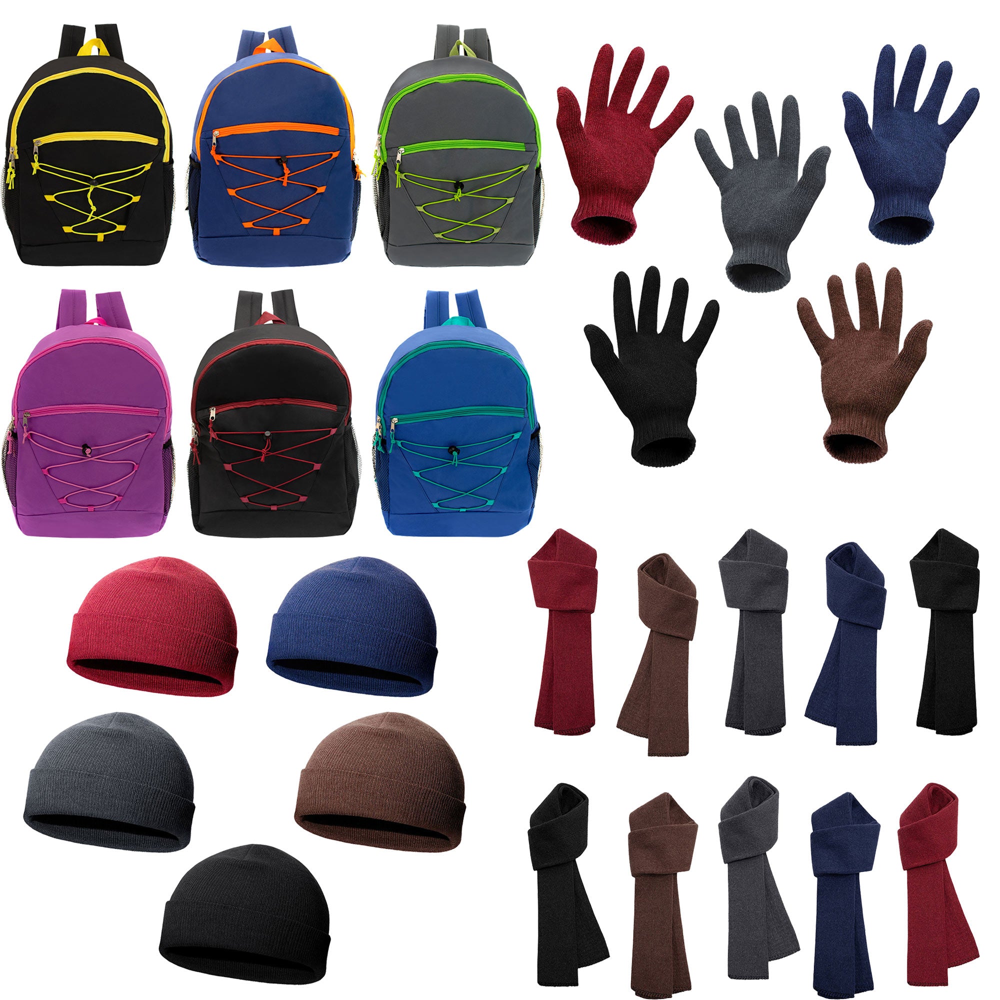 12 Bungee 17" Backpacks in 6 Colors & Your Choice of 12 Winter Item Sets - Wholesale Care Package: Homeless, Emergency, Charity