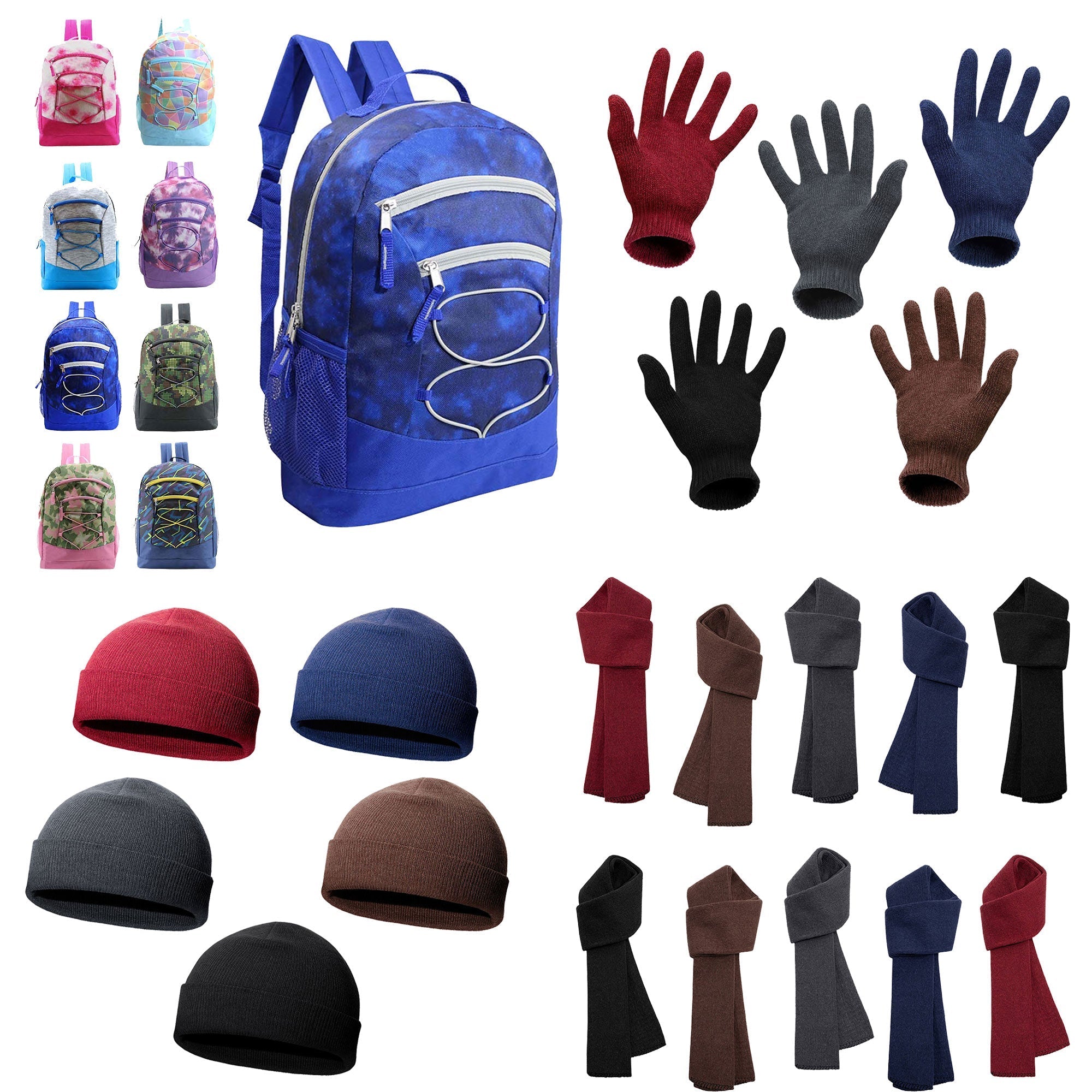 12 Bungee 17" Premium Backpacks & Your Choice of 12 Winter Item Sets - Wholesale Care Package: Homeless, Emergency, Charity