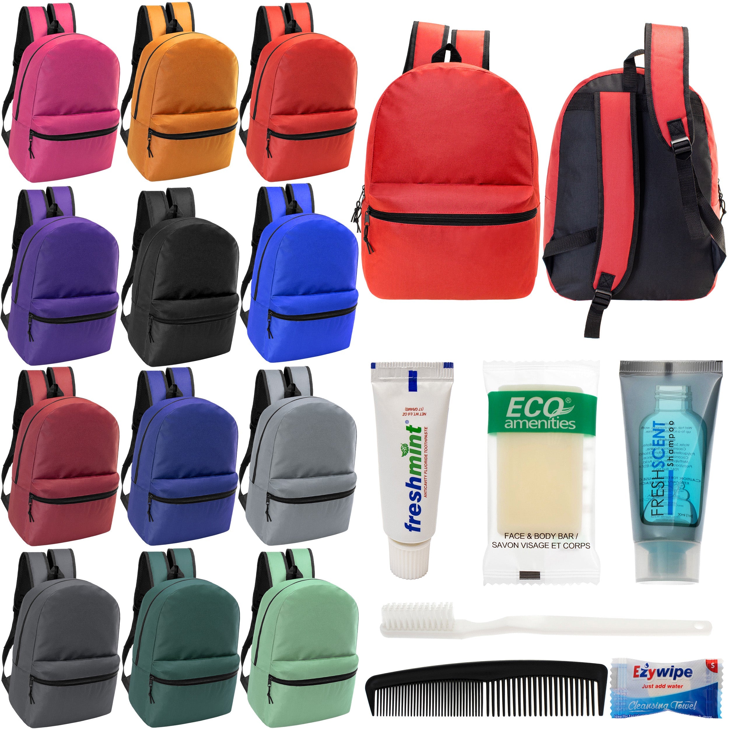 12 17" Classic Backpacks in 12 Assorted Colors & Your Choice of 12 Bulk Hygiene Kits - Wholesale Care Package: Homeless, Emergency, Charity