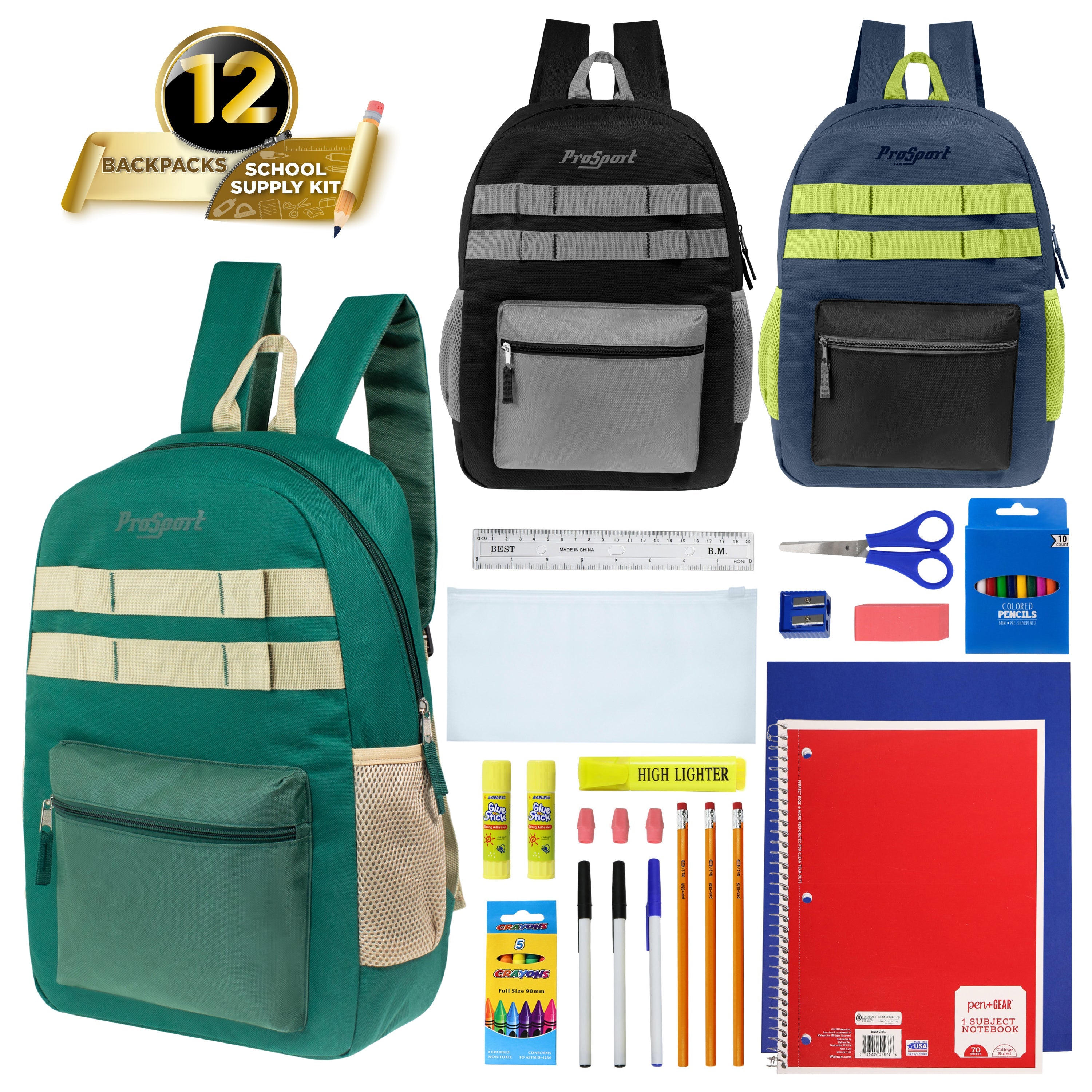 17" Multi Color Wholesale Backpacks in Asst Colors & 12 Bulk School Supply Kits of Your Choice