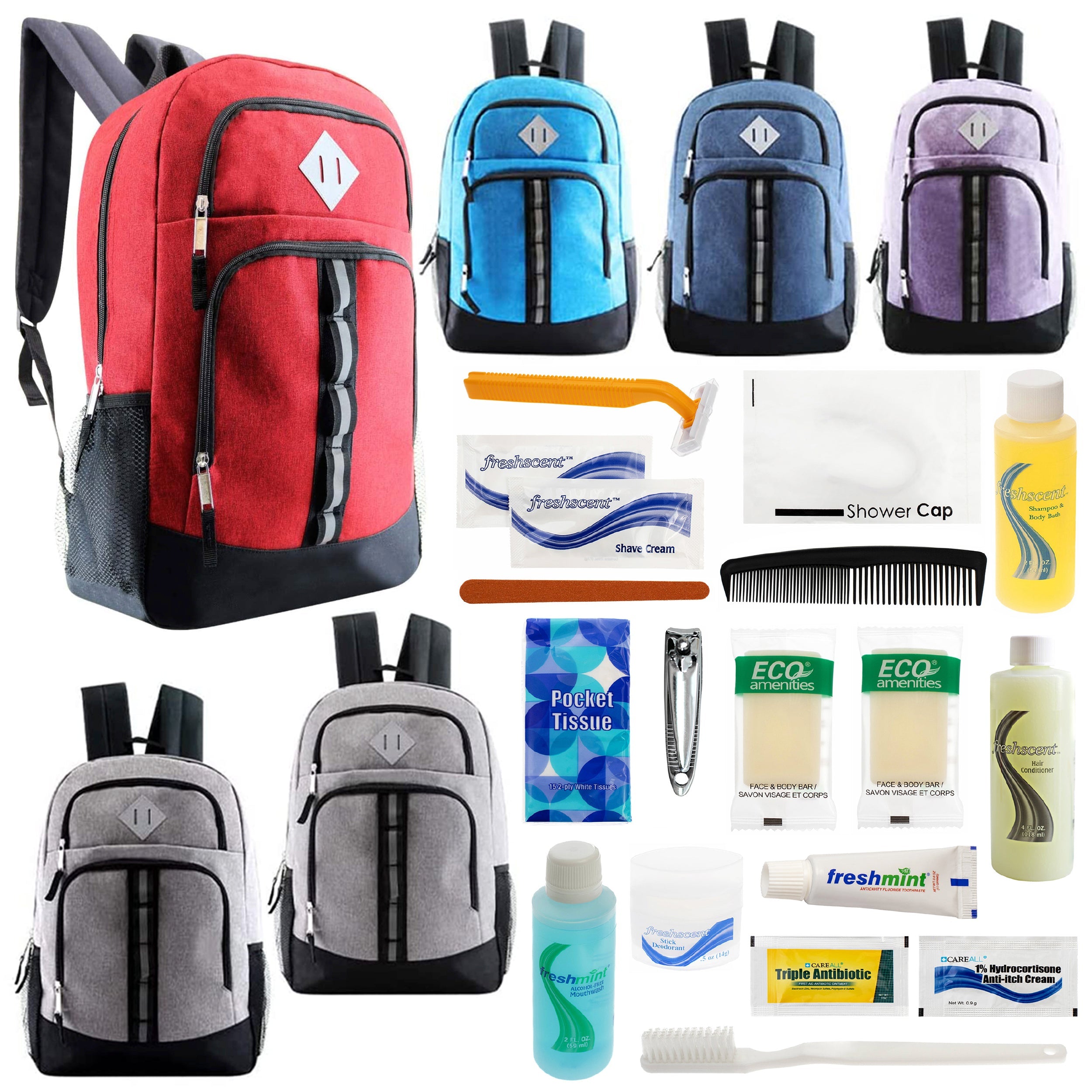 12 Deluxe 18" Backpacks in 6 Colors & Your Choice of 12 Bulk Hygiene Kits - Wholesale Care Package: Homeless, Emergency, Charity