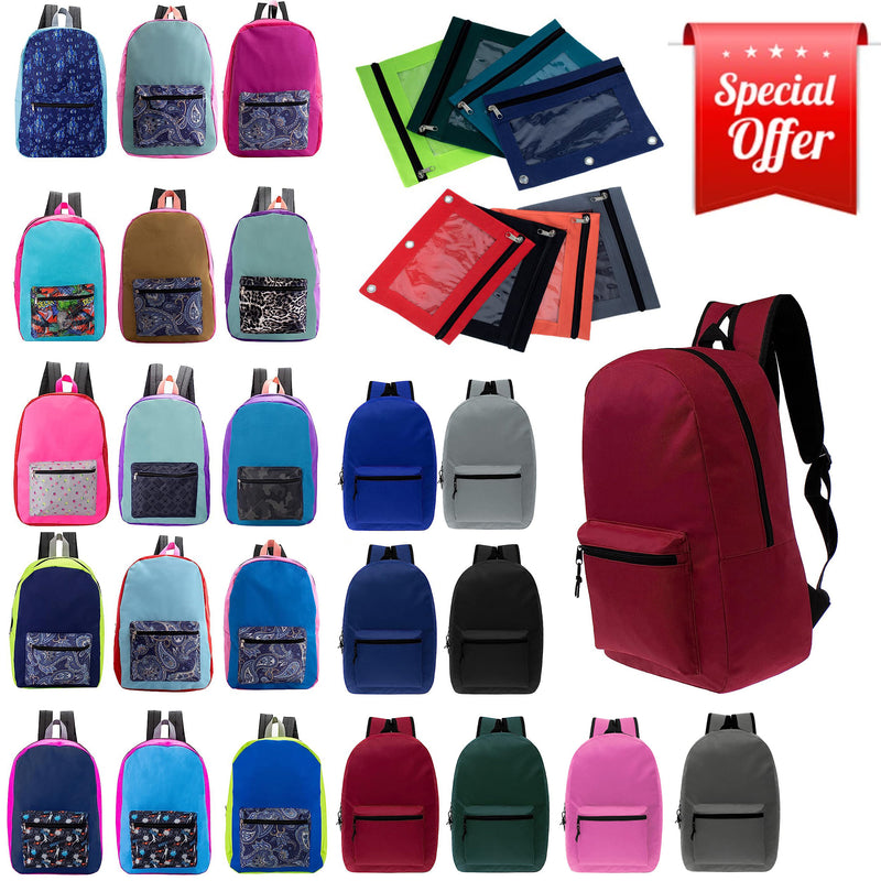 15 Kids Basic Wholesale Backpacks in 6 Assorted Colors - Bulk Case of 24 Bookbags - Moda West