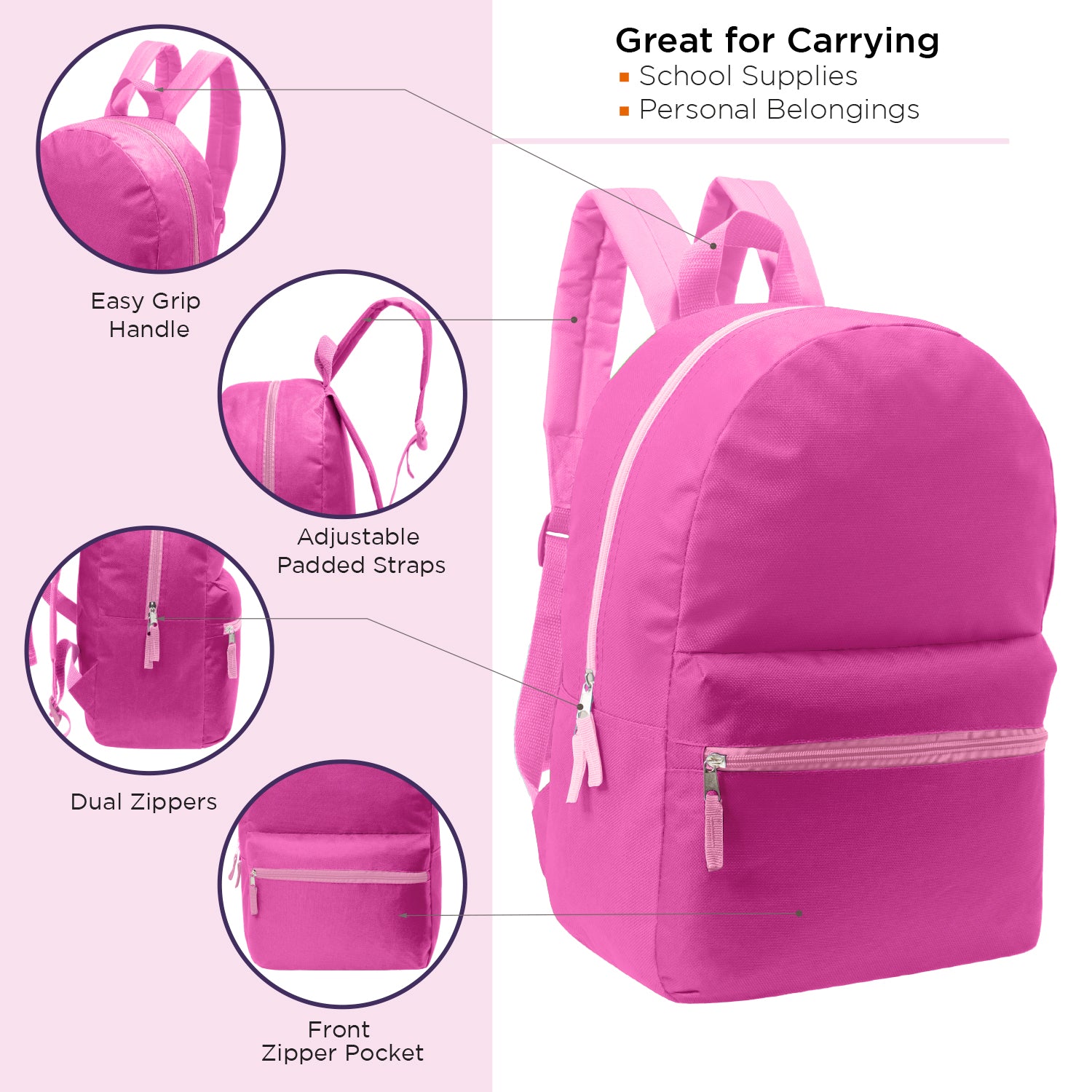 17 Kids Basic Wholesale Backpack in 12 Great Colors Bulk Case of 24 Backpacks