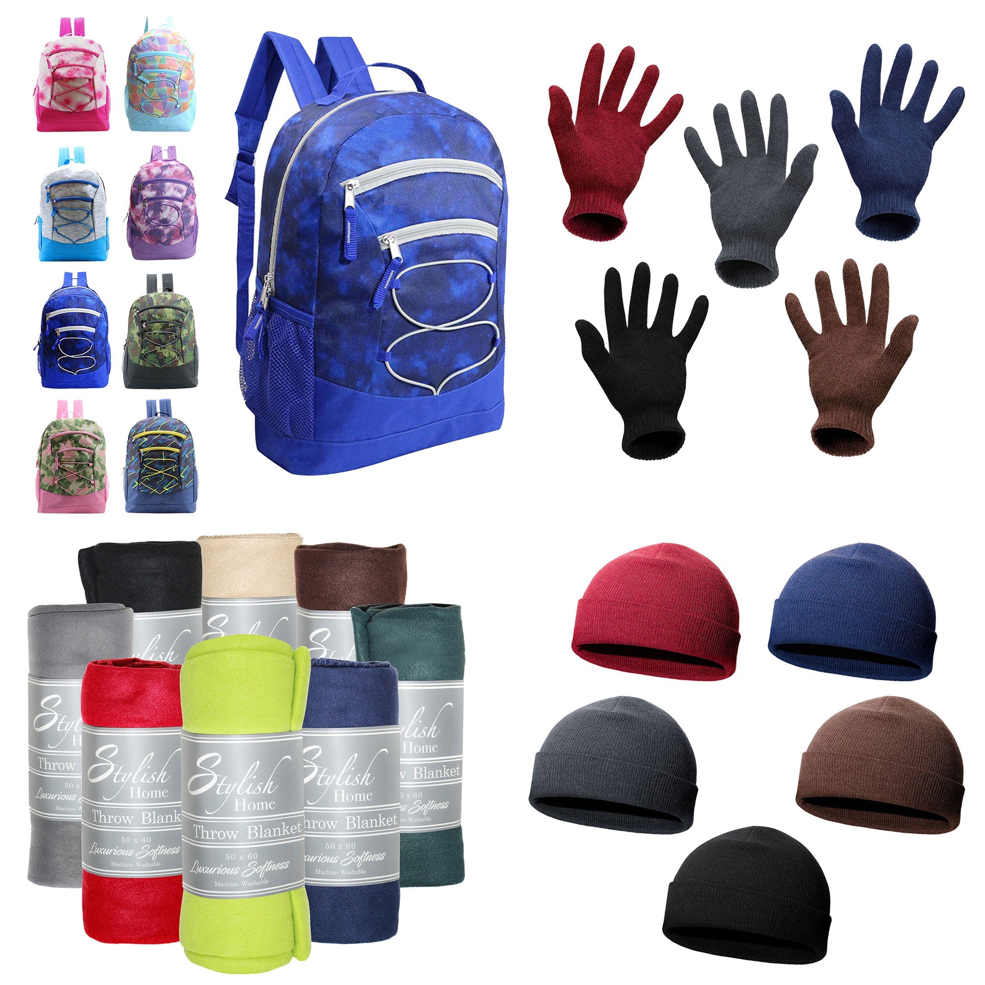 12 Bungee 17" Premium Backpacks & Your Choice of 12 Winter Item Sets - Wholesale Care Package: Homeless, Emergency, Charity