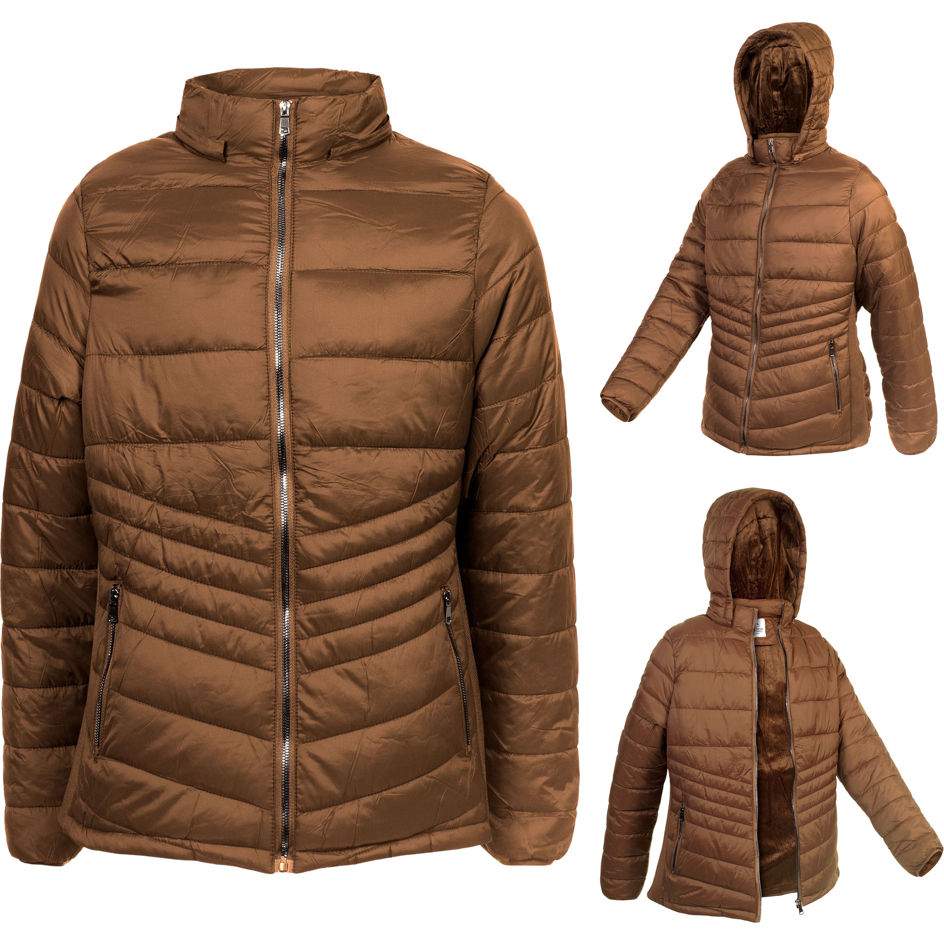 Women's Soft Camel Puffer Wholesale Coats in Assorted Plus Sizes - Bulk Case of 12 Jackets