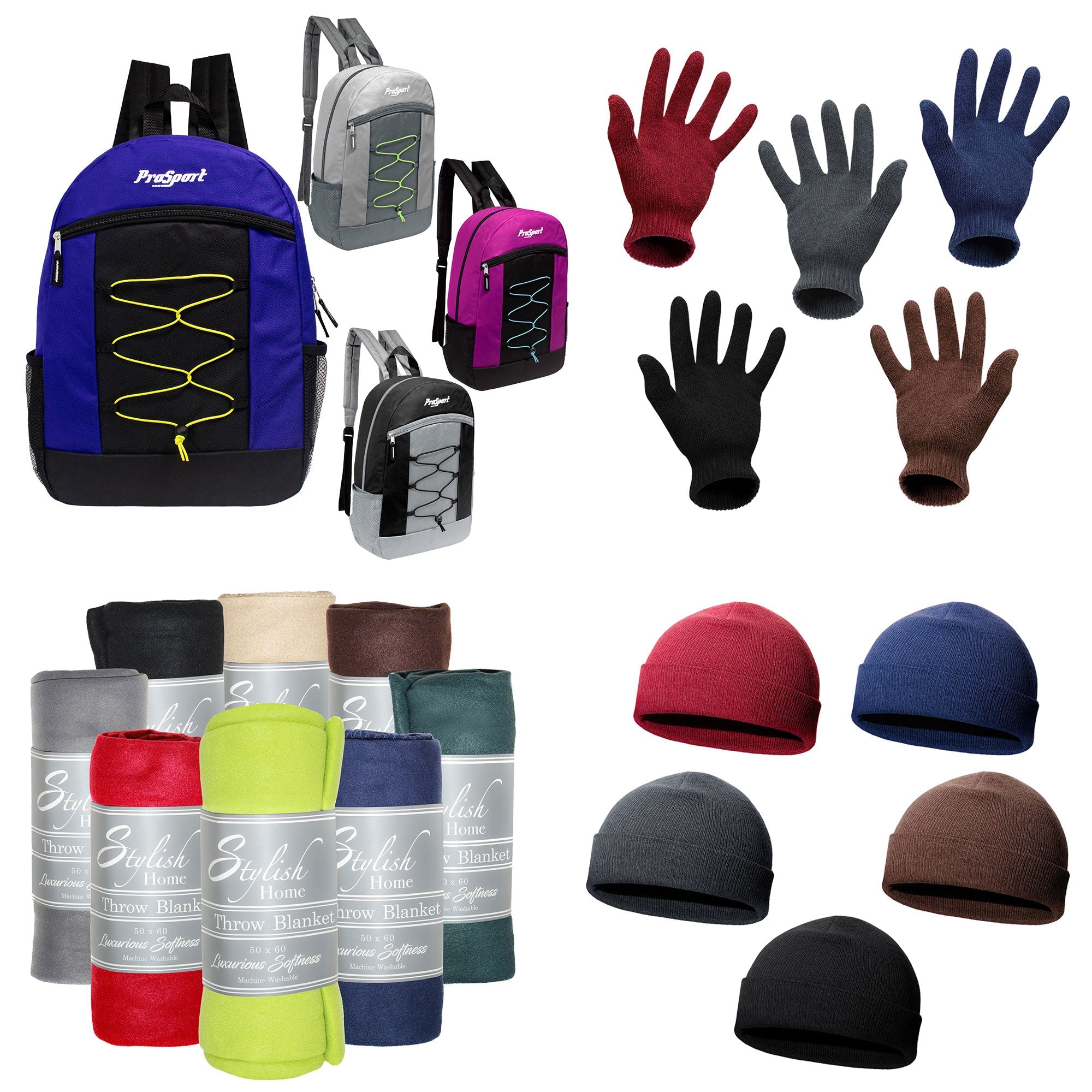 12 Bungee 17" Multi-Color Backpacks & Your Choice of 12 Winter Item Sets - Wholesale Care Package: Homeless, Emergency, Charity