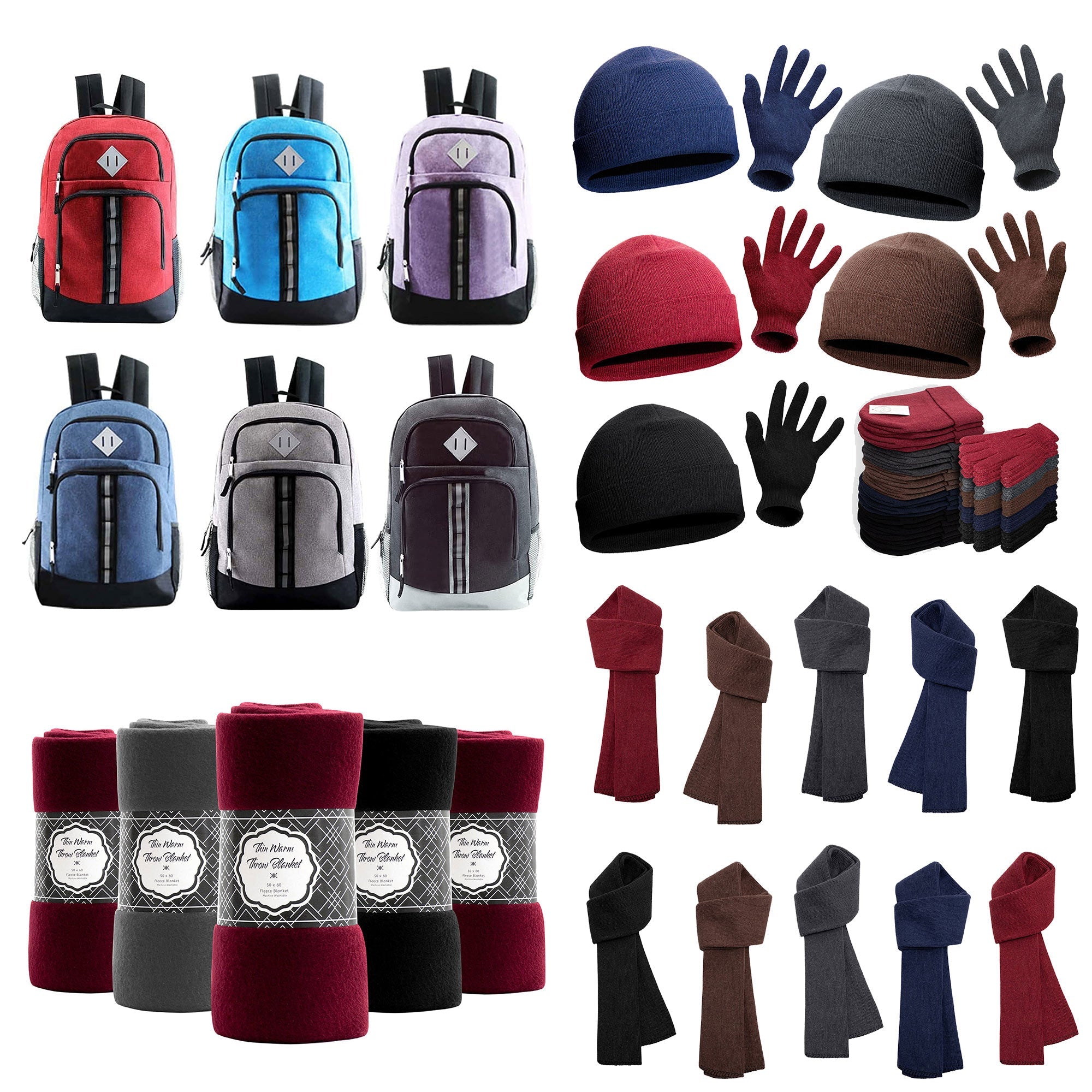 12 Deluxe 18" Backpacks & Your Choice of 12 Winter Item Sets - Wholesale Care Package: Homeless, Emergency, Charity