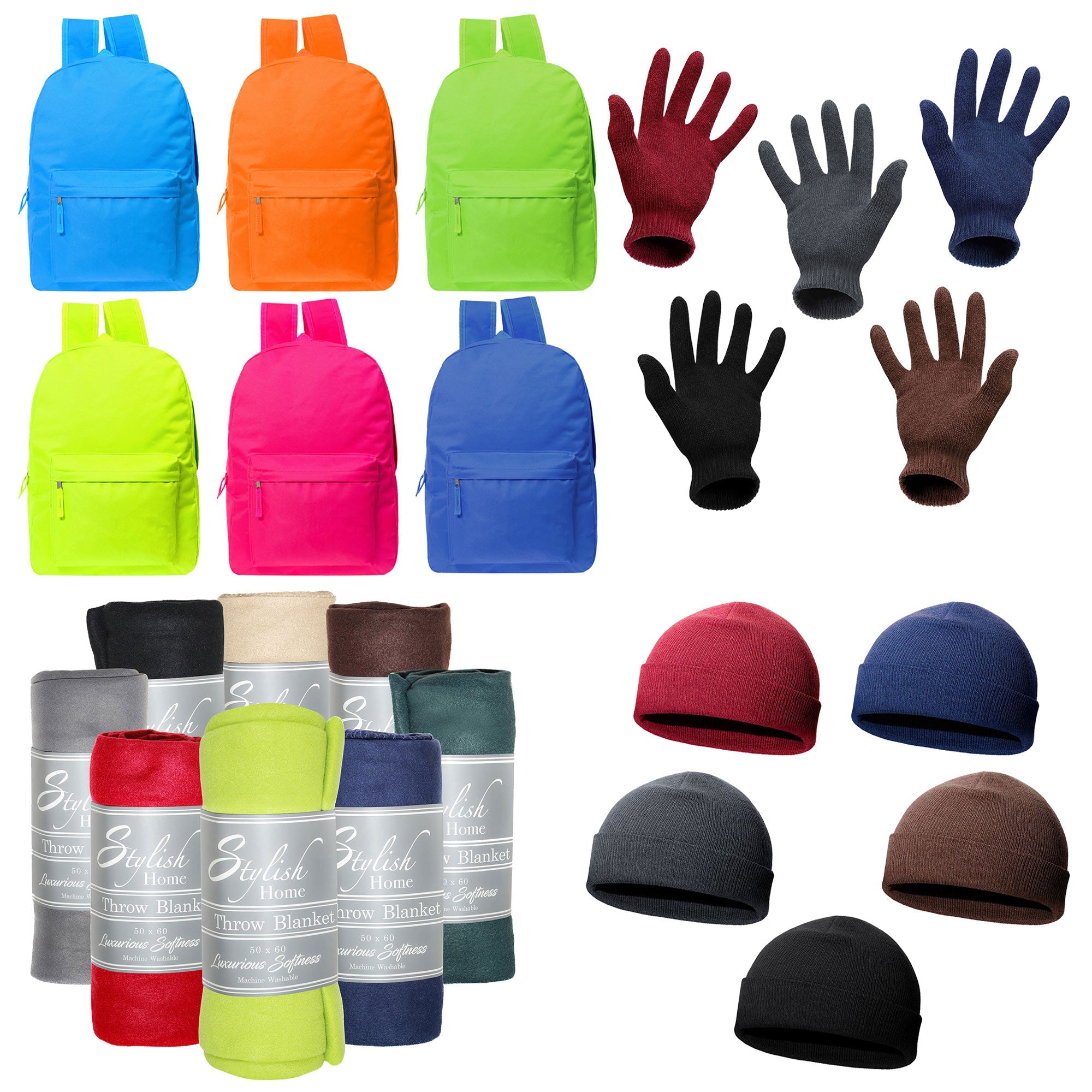 12 Bright 17" Backpacks & Your Choice of 12 Bulk Winter Item Sets - Wholesale Care Package: Homeless, Emergency, Charity