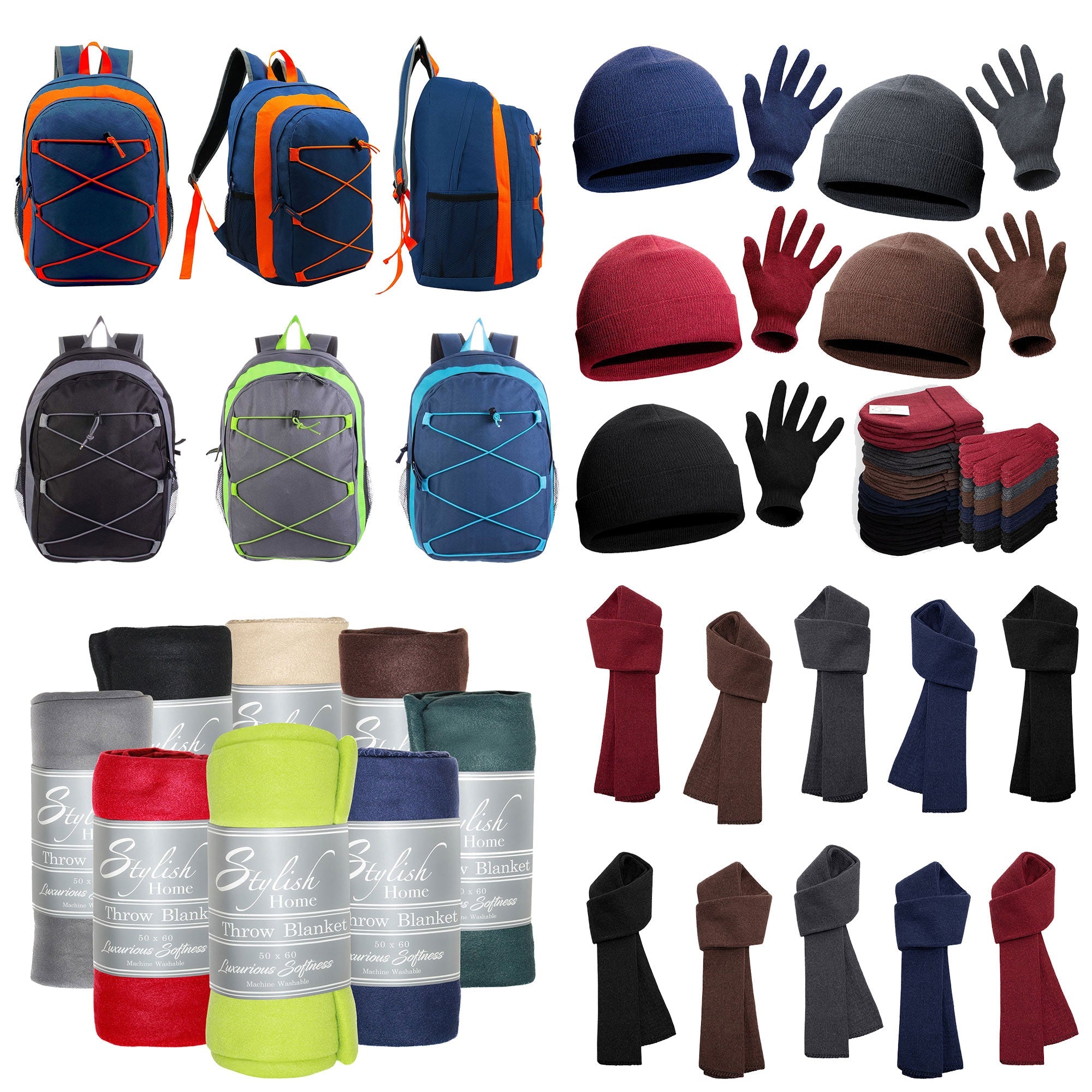 12 Bungee 17" Premium Backpacks & Your Choice of 12 Winter Item Sets - Wholesale Care Package: Homeless, Emergency, Charity