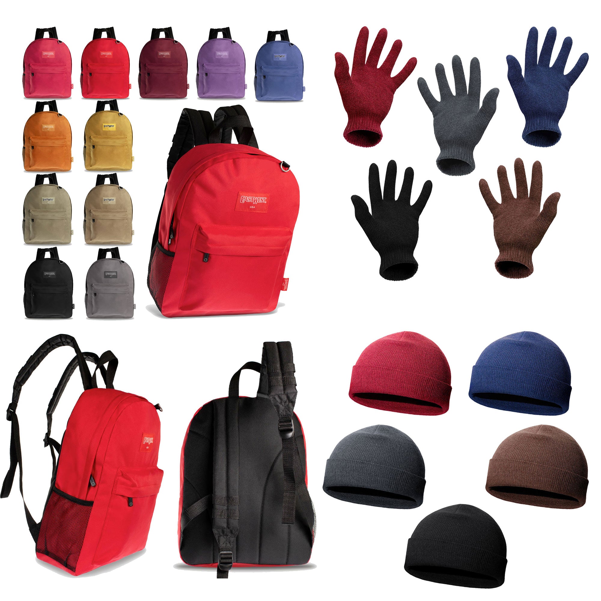 12 Solid Color 17" Backpacks & Your Choice of 12 Winter Item Sets - Wholesale Care Package: Homeless, Emergency, Charity