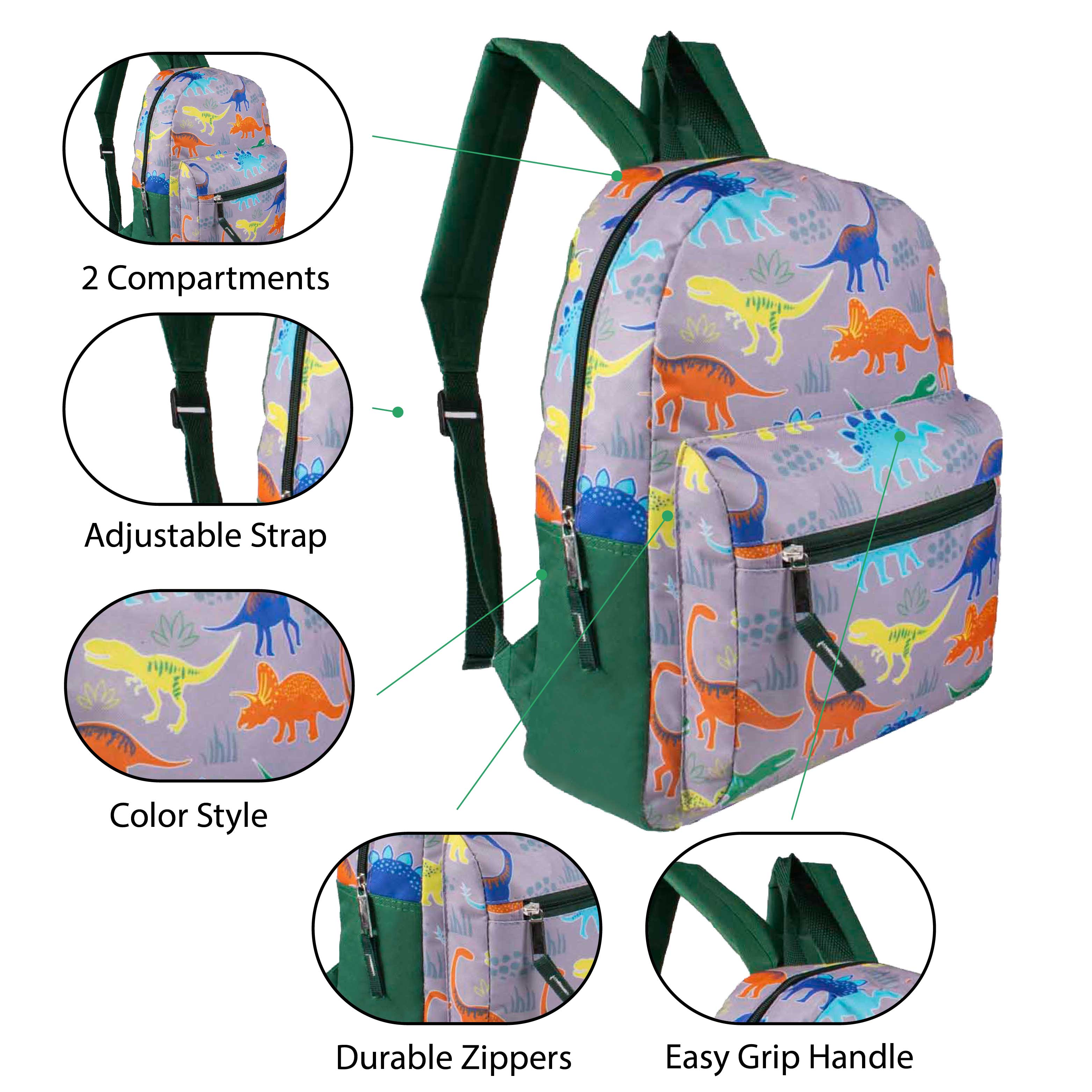 15" Fun Print Boys Bulk Backpacks in 3 Assorted Styles - Wholesale Case of 24 Bookbags