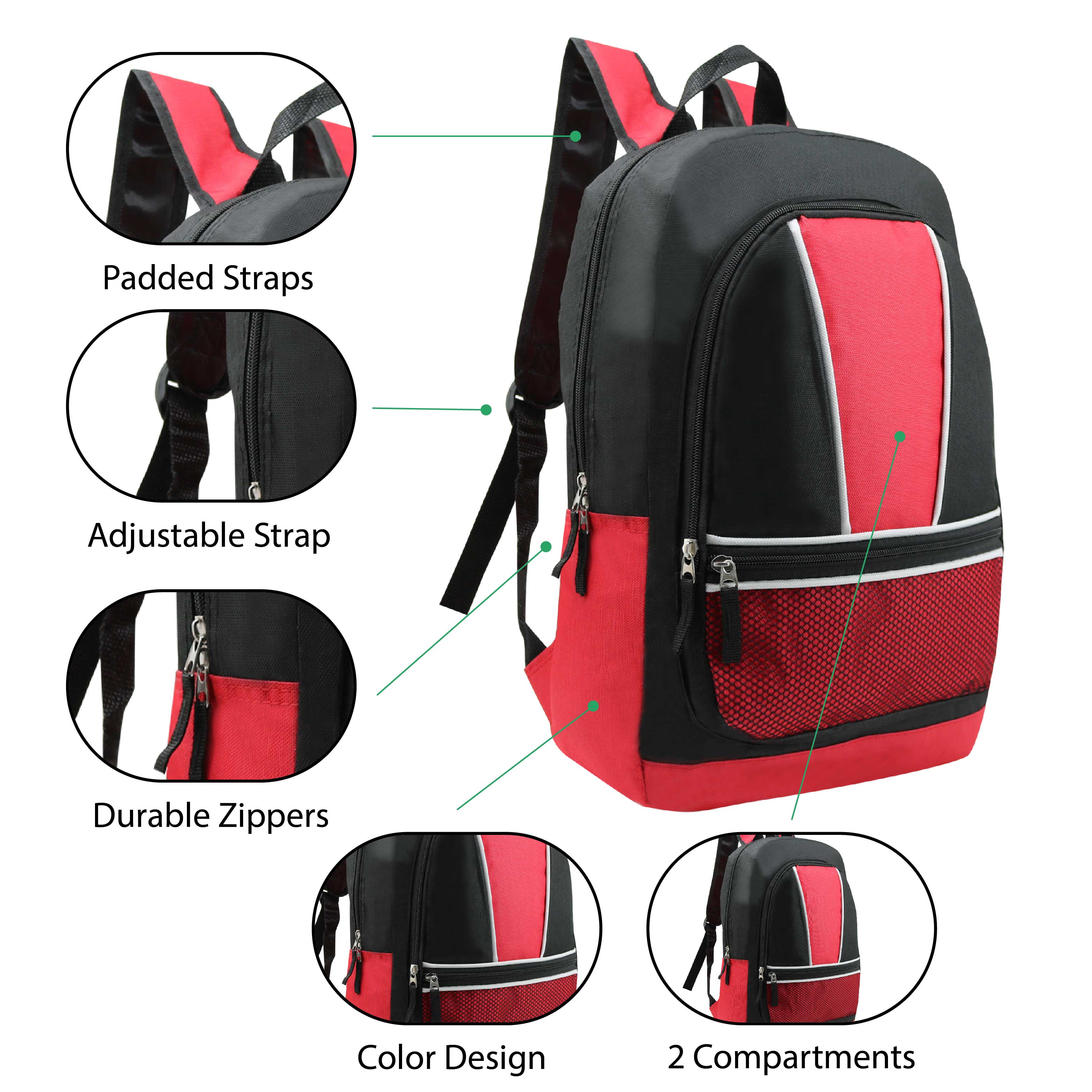 16" Wholesale Kids Sport Backpacks in 8 Assorted Styles - Bulk Case of 24 Bookbags - BP17-AB-24