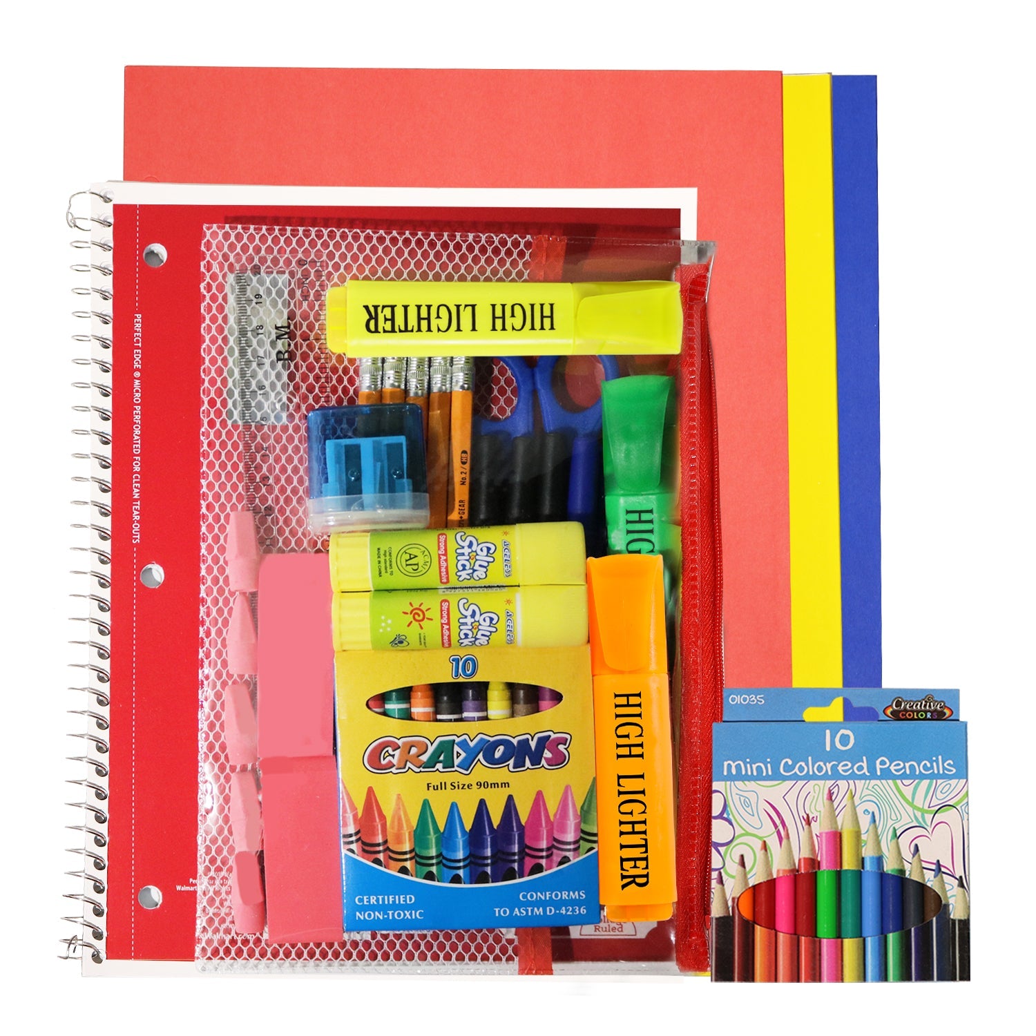 19" Backpacks with 50 Piece School Supply Kit - Bulk Case of 12 Wholesale Backpacks in 6 Assorted Colors